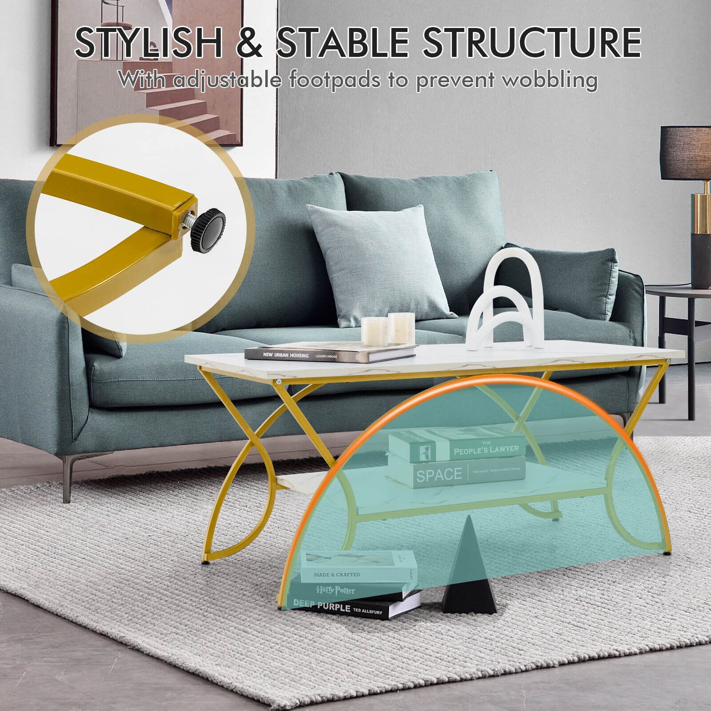 Modern 2 Tier Faux Marble Coffee Table with Metal Frame – White & Gold