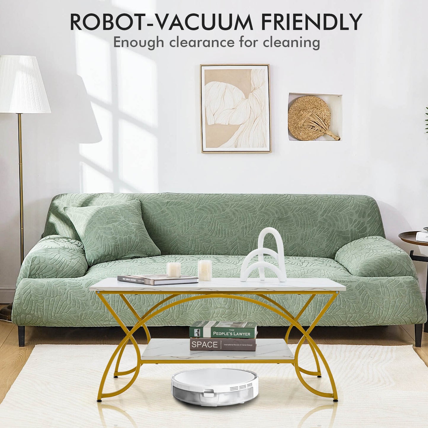 Modern 2 Tier Faux Marble Coffee Table with Metal Frame – White & Gold