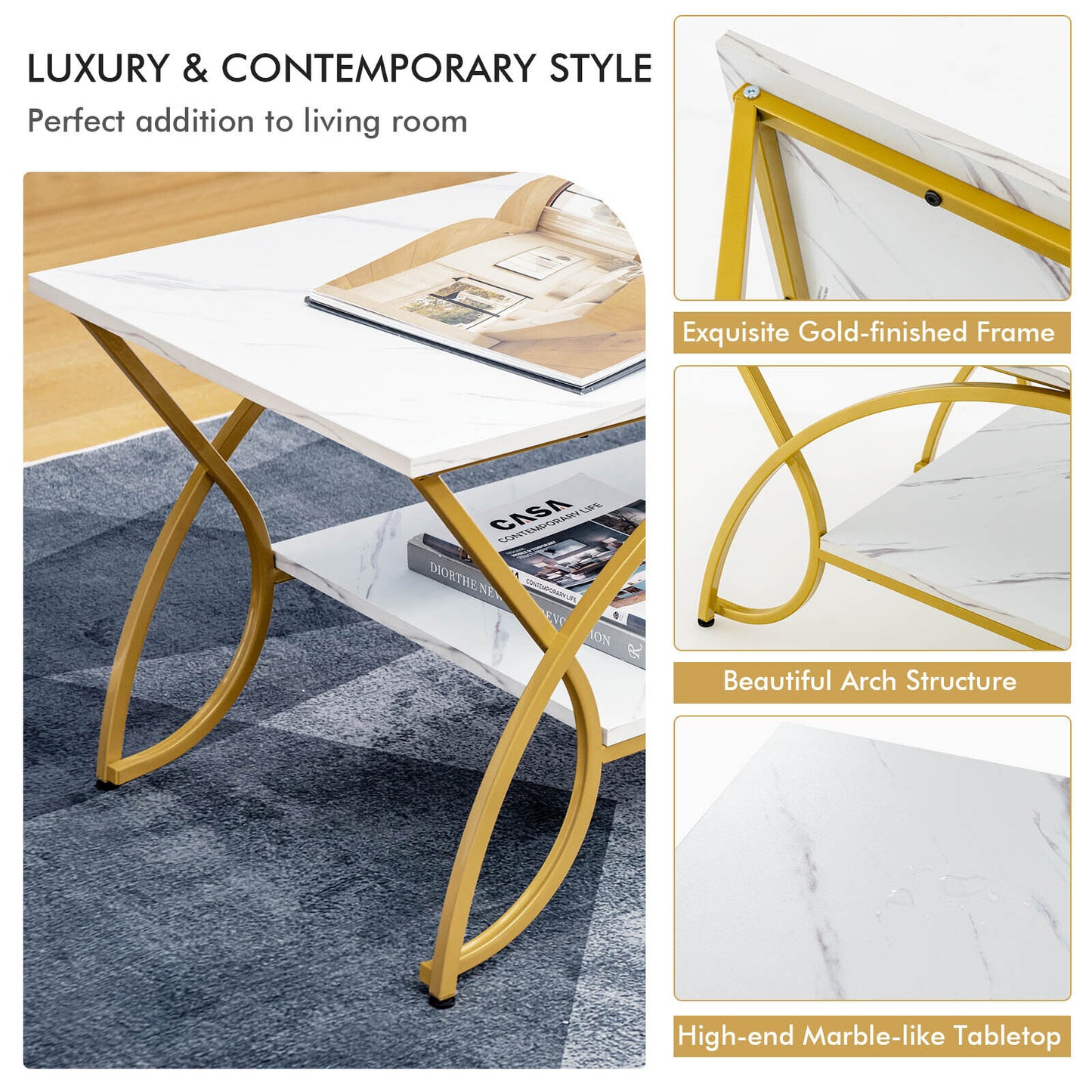 Modern 2 Tier Faux Marble Coffee Table with Metal Frame – White & Gold