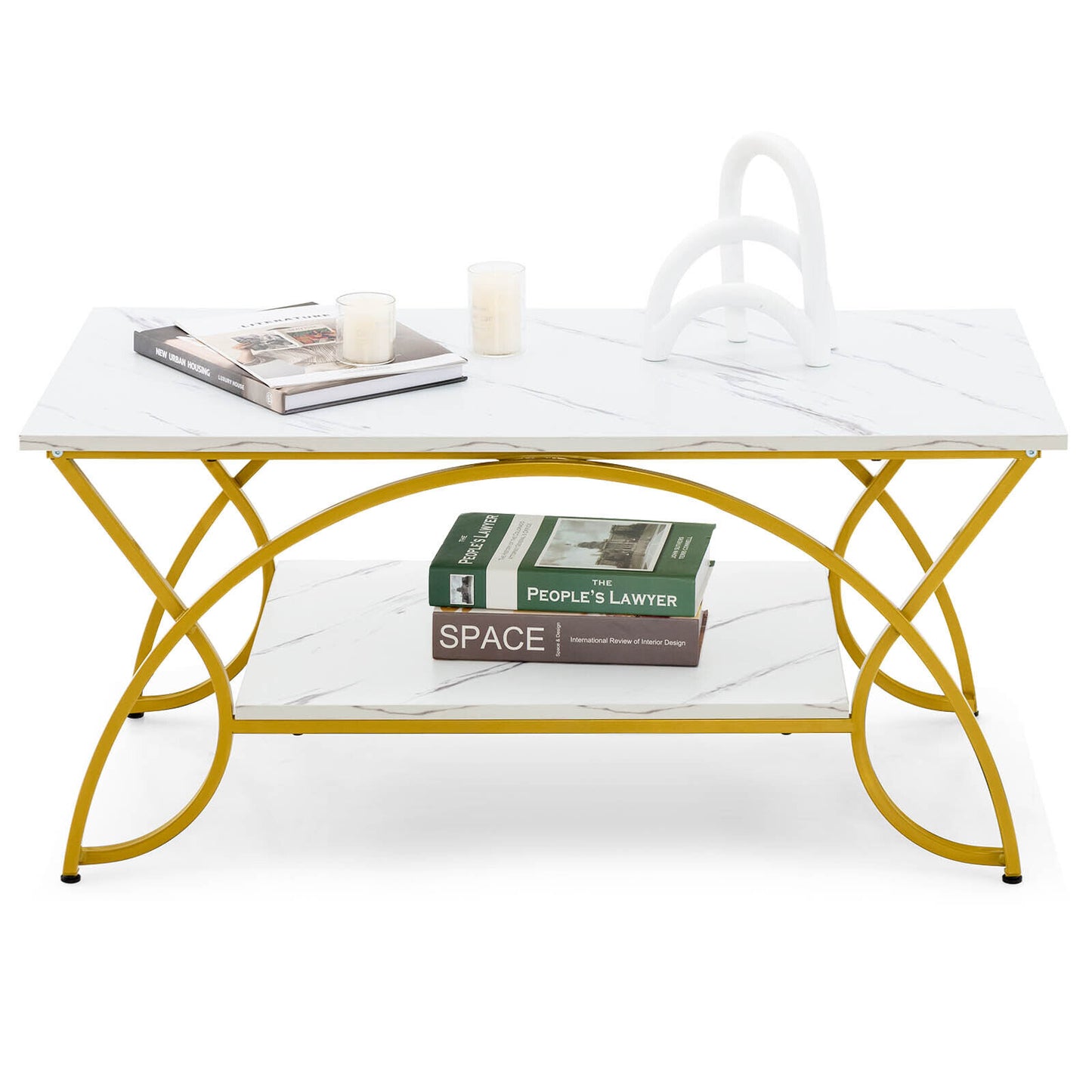 Modern 2 Tier Faux Marble Coffee Table with Metal Frame – White & Gold