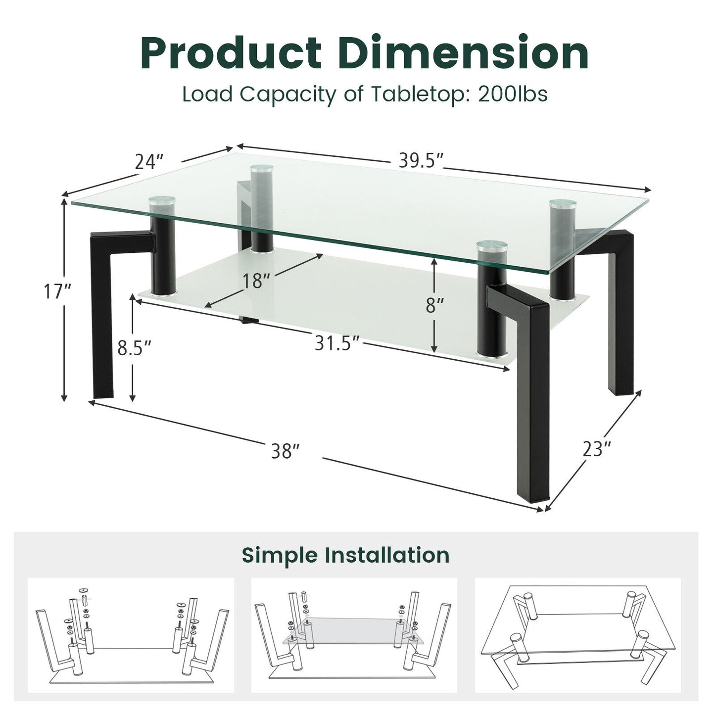 Modern 2 Tier Glass Coffee Table with Black Metal Legs and Storage Shelf