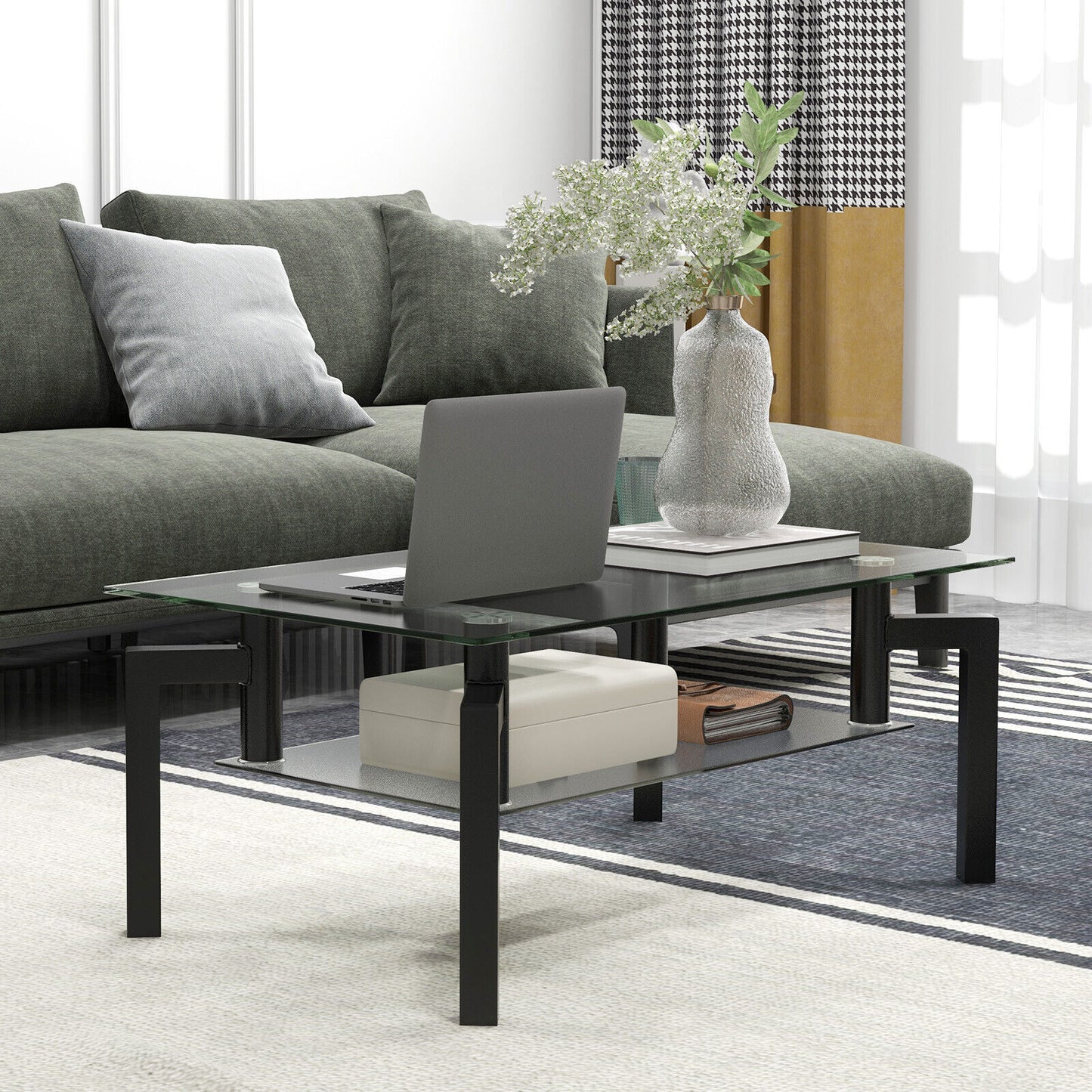 Modern 2 Tier Glass Coffee Table with Black Metal Legs and Storage Shelf