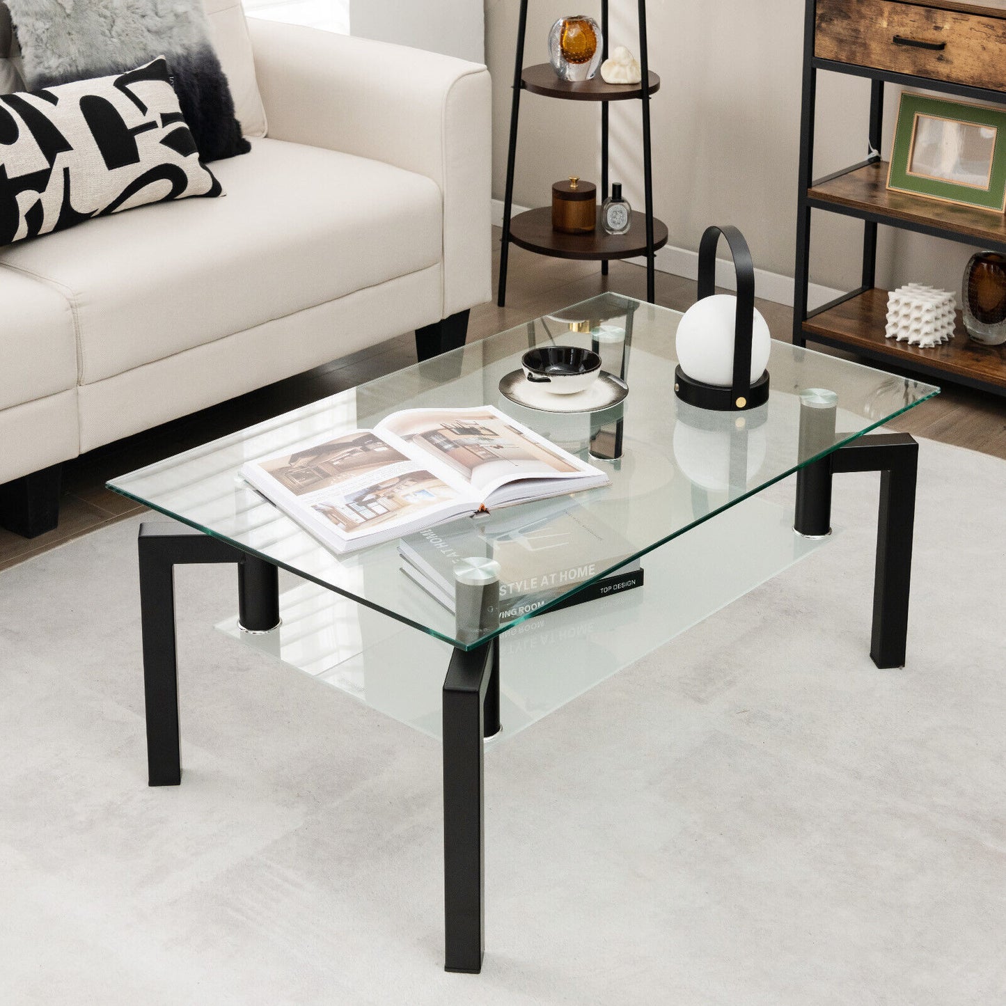 Modern 2 Tier Glass Coffee Table with Black Metal Legs and Storage Shelf