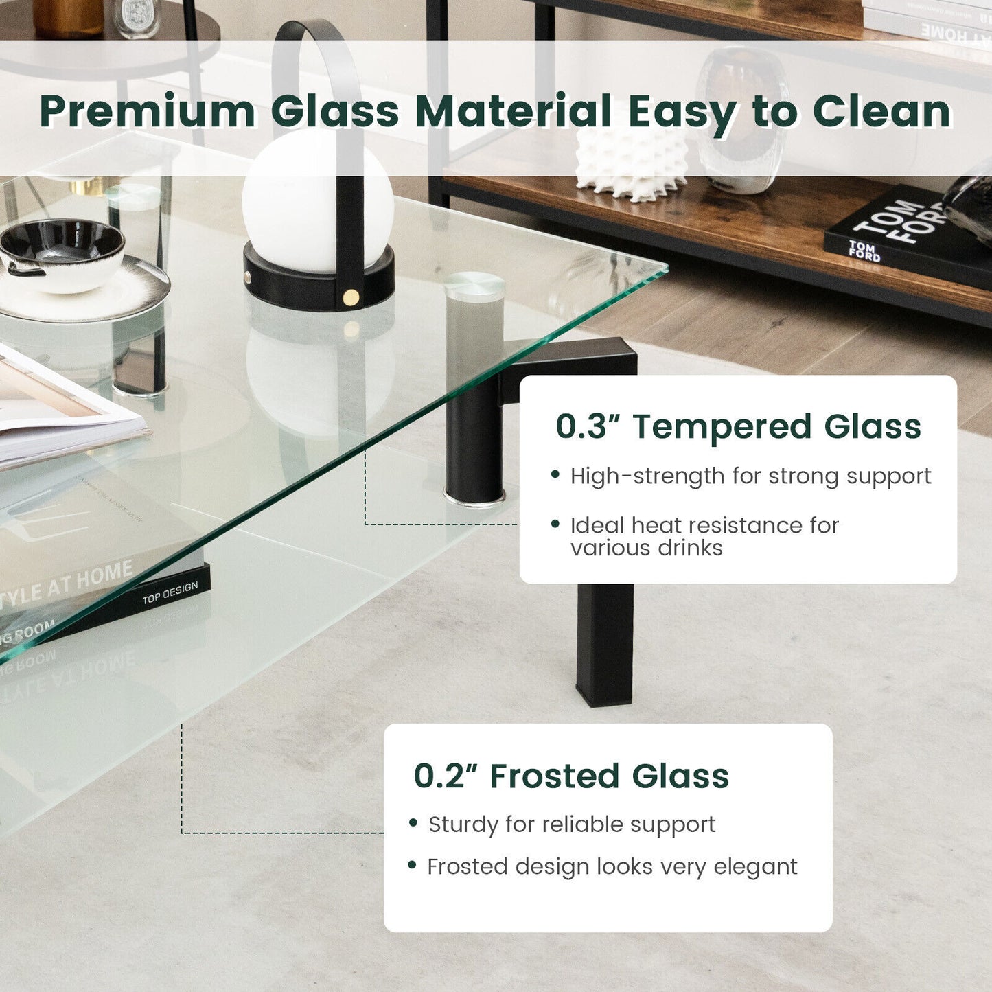 Modern 2 Tier Glass Coffee Table with Black Metal Legs and Storage Shelf