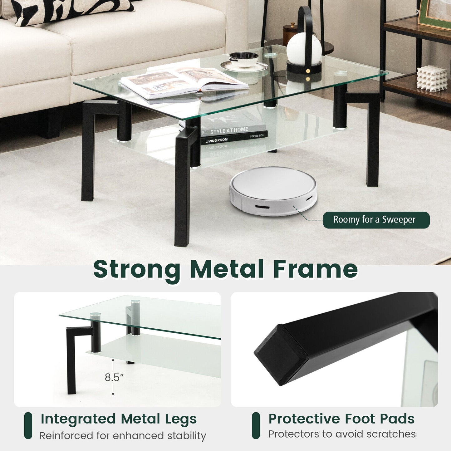 Modern 2 Tier Glass Coffee Table with Black Metal Legs and Storage Shelf