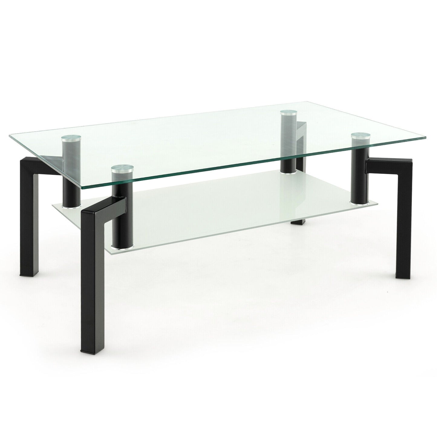 Modern 2 Tier Glass Coffee Table with Black Metal Legs and Storage Shelf