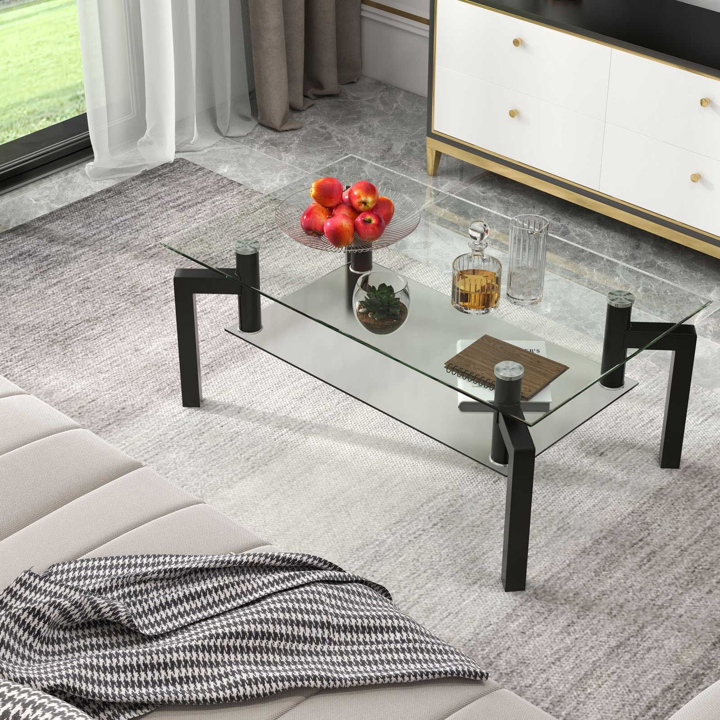 Modern 2 Tier Glass Coffee Table with Black Metal Legs and Storage Shelf
