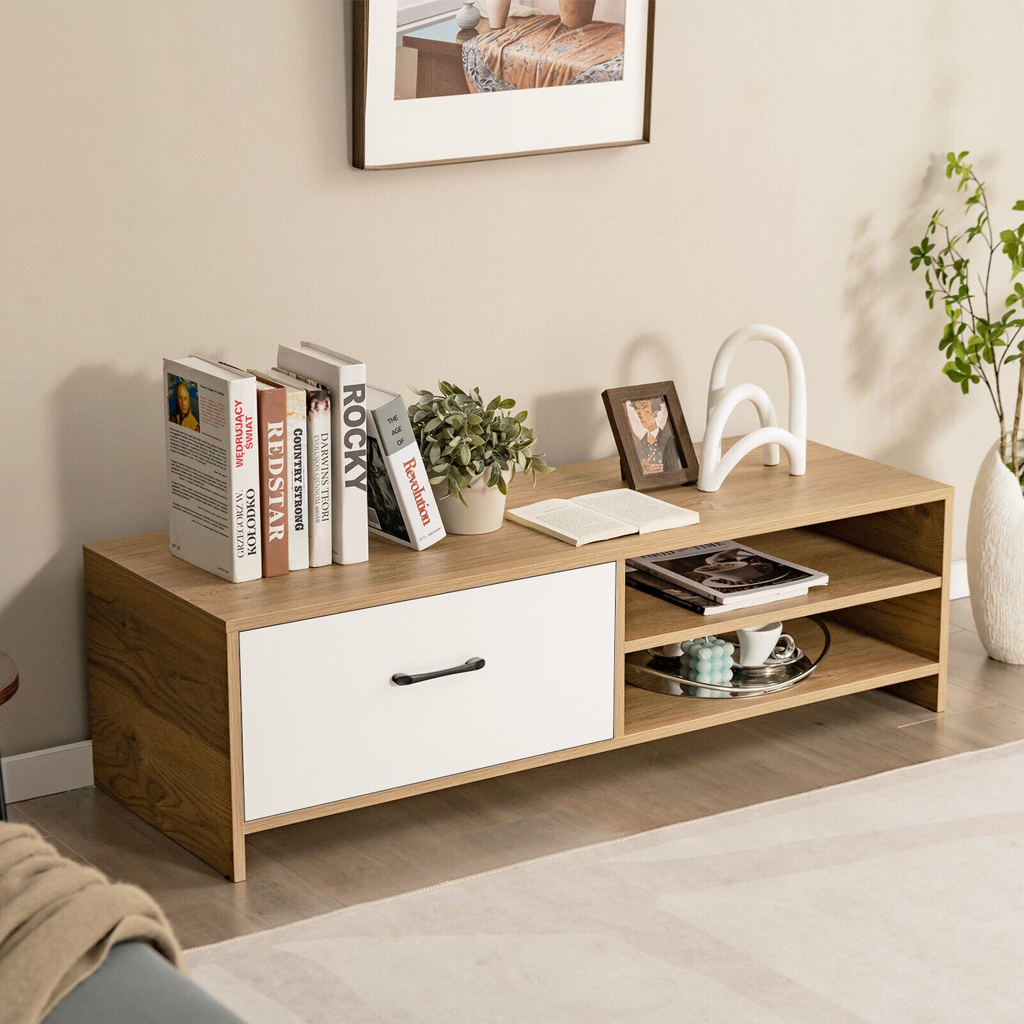 Entertainment Console with Drawer and Open Shelving for 55 Inch TVs