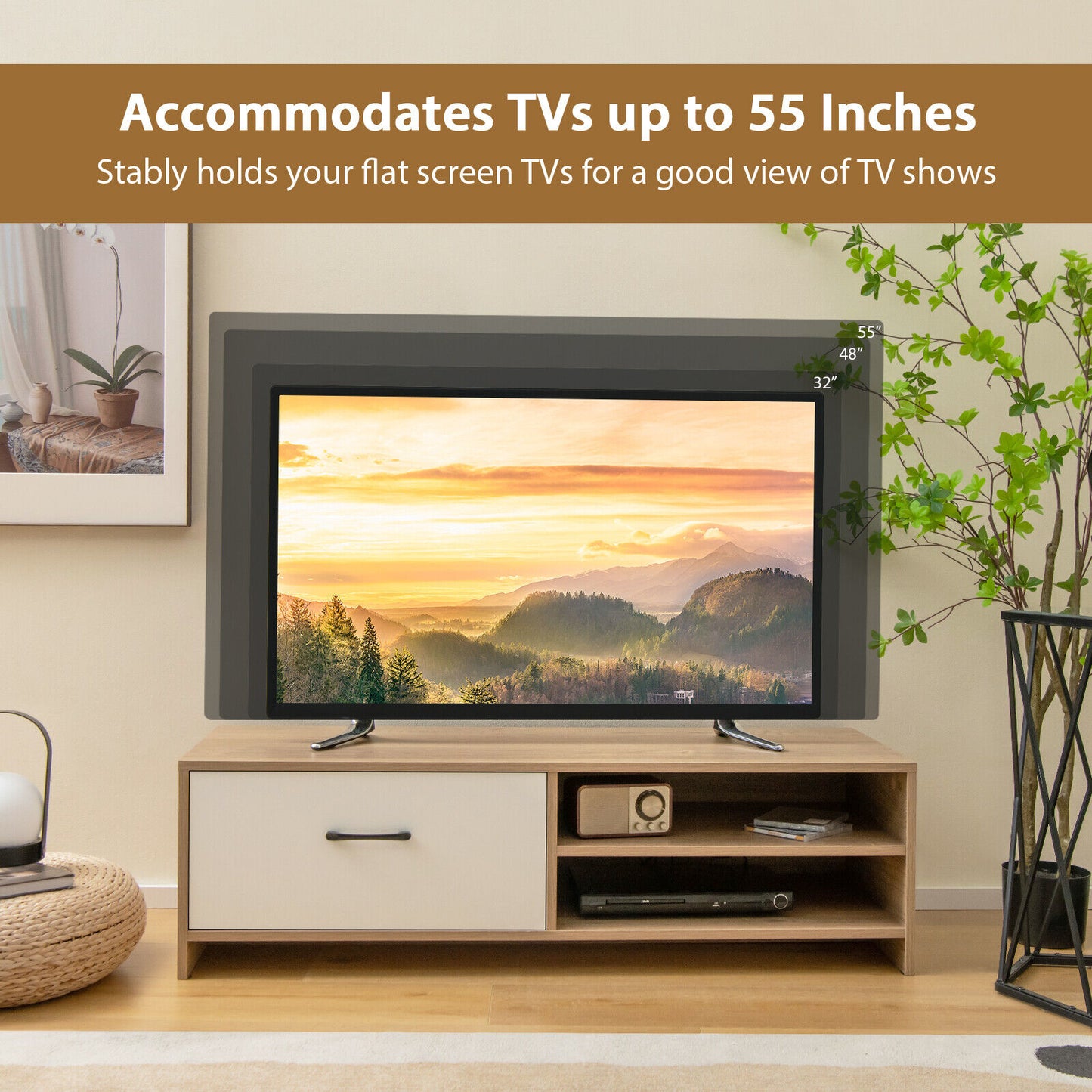 Entertainment Console with Drawer and Open Shelving for 55 Inch TVs