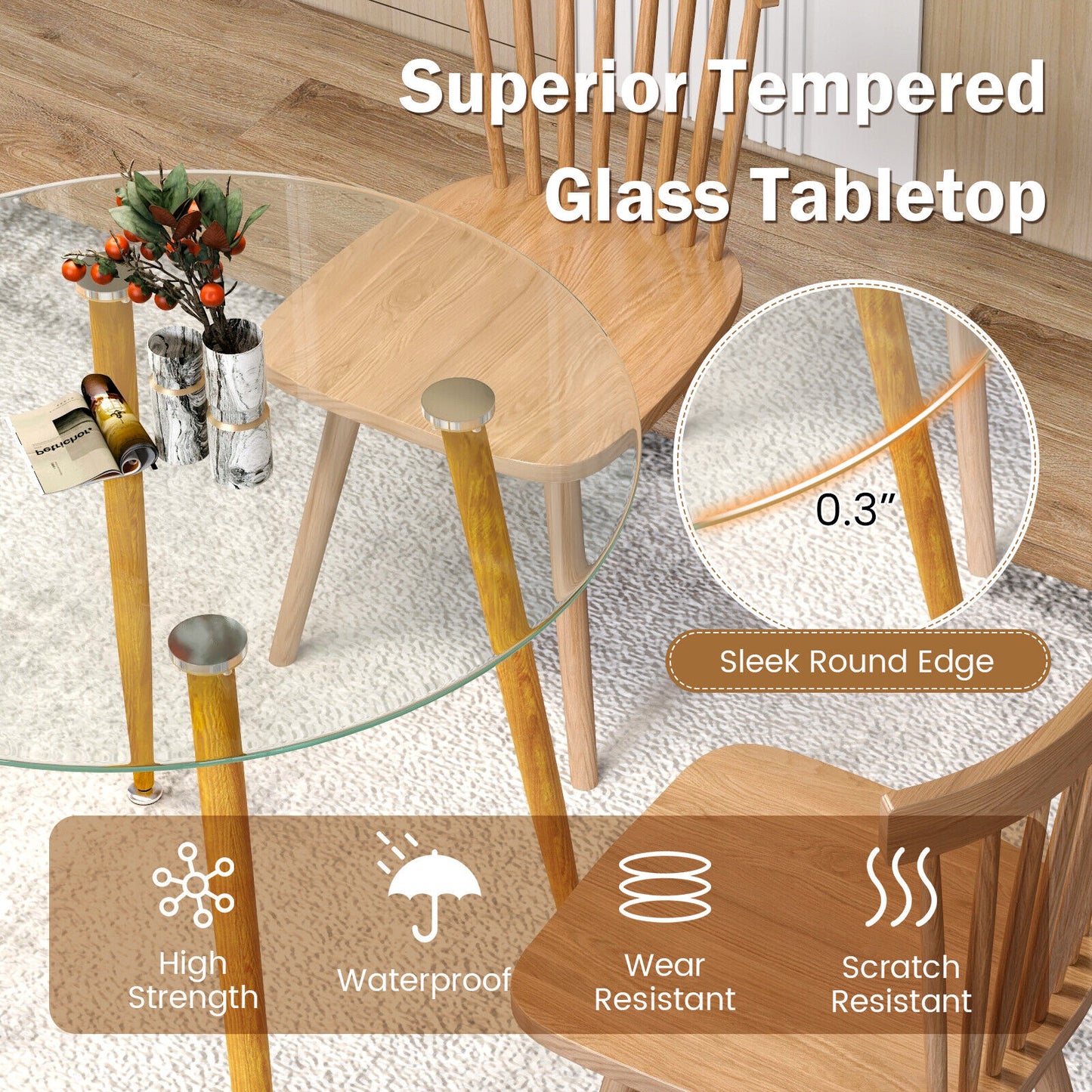 Modern Round Glass Dining Table with Metal Legs for Kitchen or Living Room