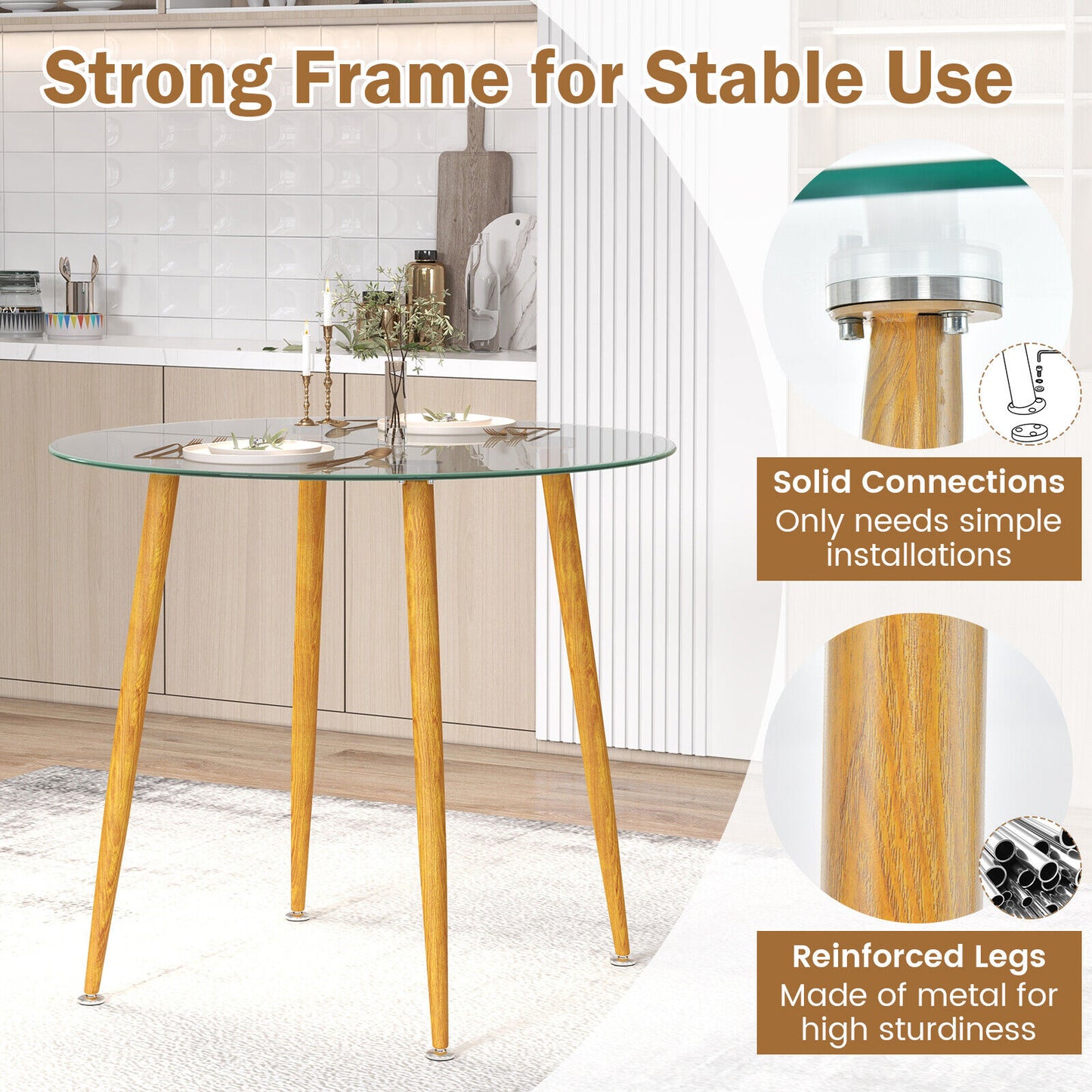 Modern Round Glass Dining Table with Metal Legs for Kitchen or Living Room