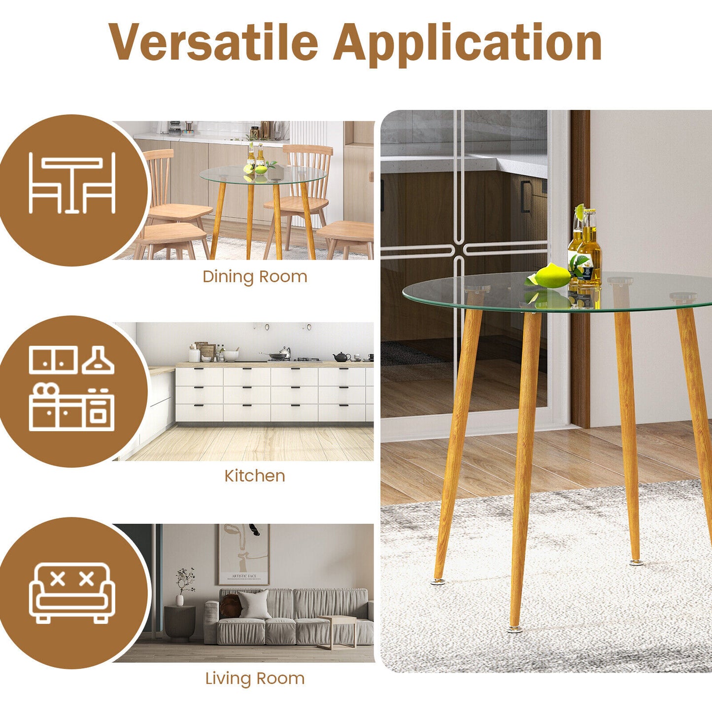 Modern Round Glass Dining Table with Metal Legs for Kitchen or Living Room