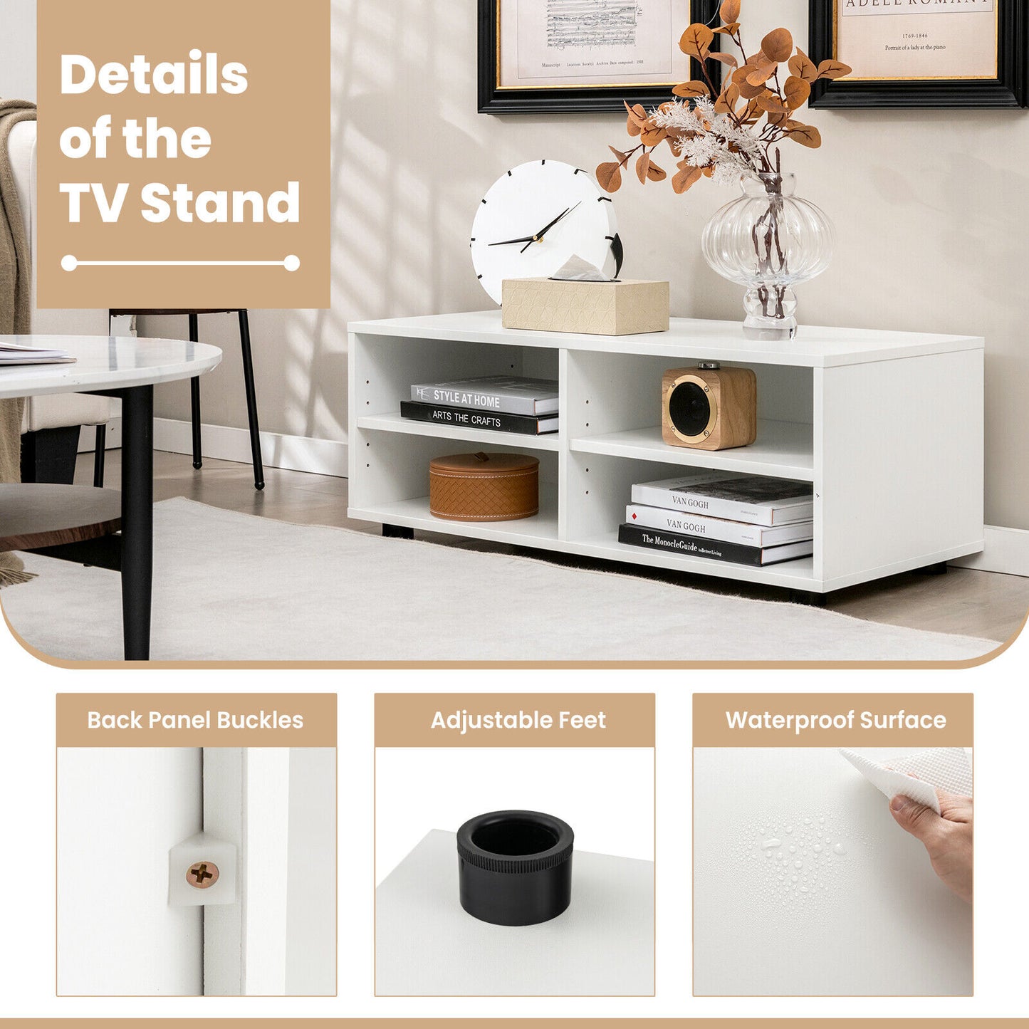 Modern 4 Cube TV Stand with Adjustable Shelves for TVs up to 45 Inches