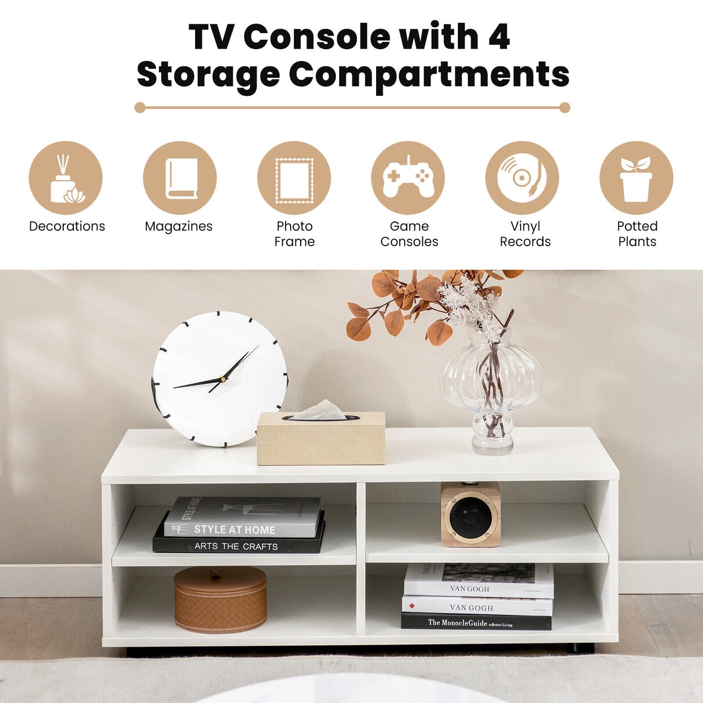 Modern 4 Cube TV Stand with Adjustable Shelves for TVs up to 45 Inches