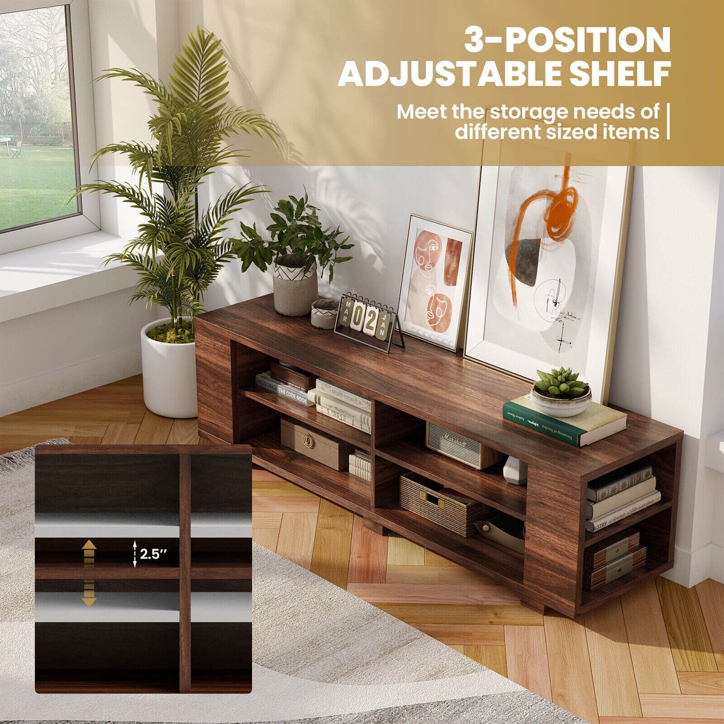 Modern 59 Inch Media Console with Adjustable Open Shelves for TVs up to 65 Inches in Walnut