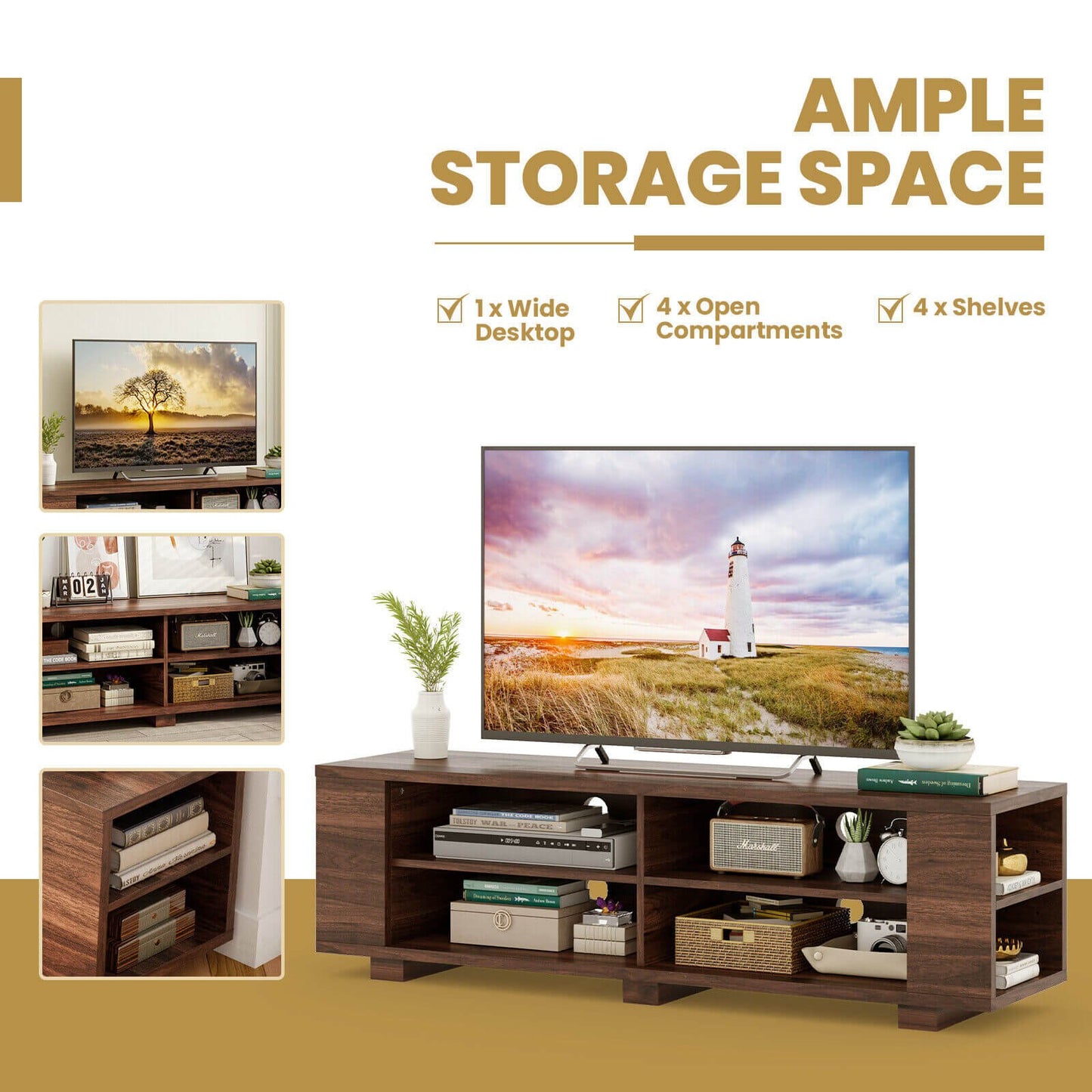 Modern 59 Inch Media Console with Adjustable Open Shelves for TVs up to 65 Inches in Walnut
