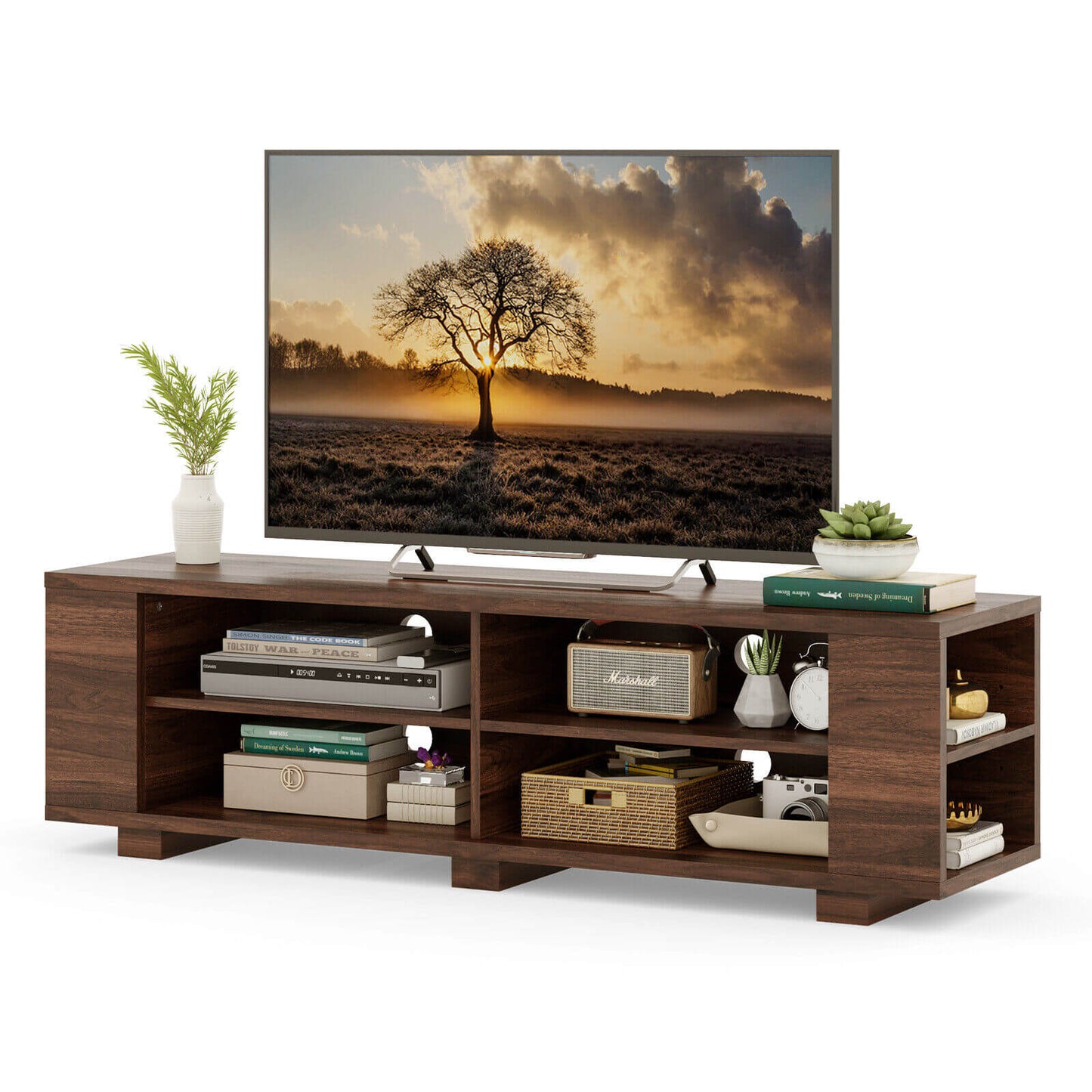 Modern 59 Inch Media Console with Adjustable Open Shelves for TVs up to 65 Inches in Walnut