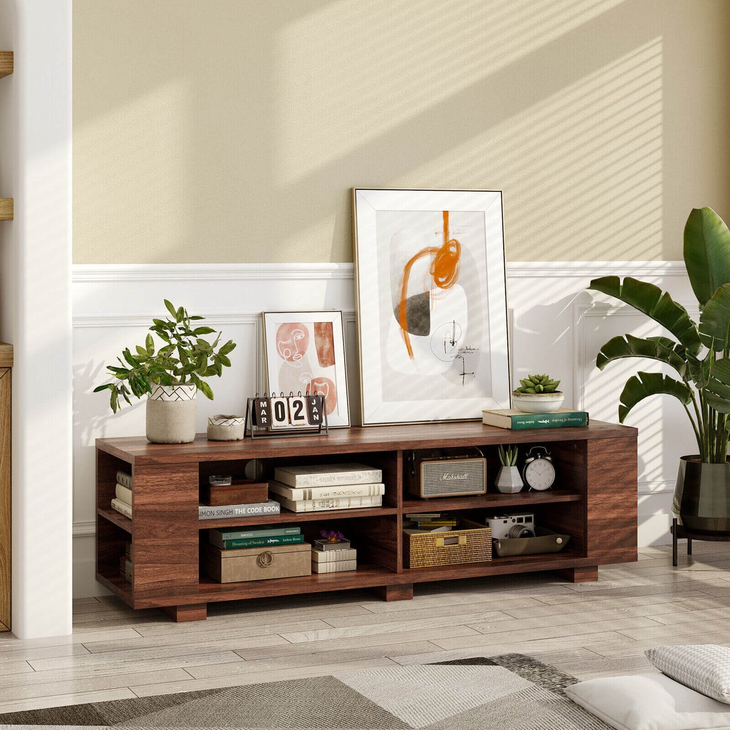 Modern 59 Inch Media Console with Adjustable Open Shelves for TVs up to 65 Inches in Walnut