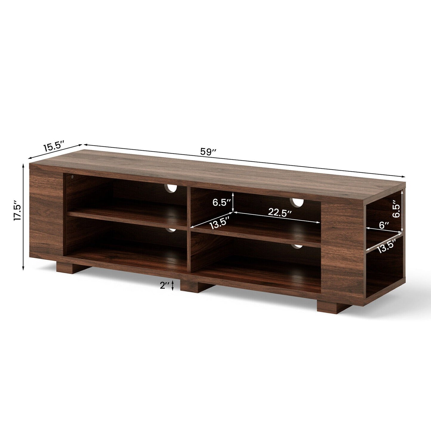 Modern 59 Inch Media Console with Adjustable Open Shelves for TVs up to 65 Inches in Walnut
