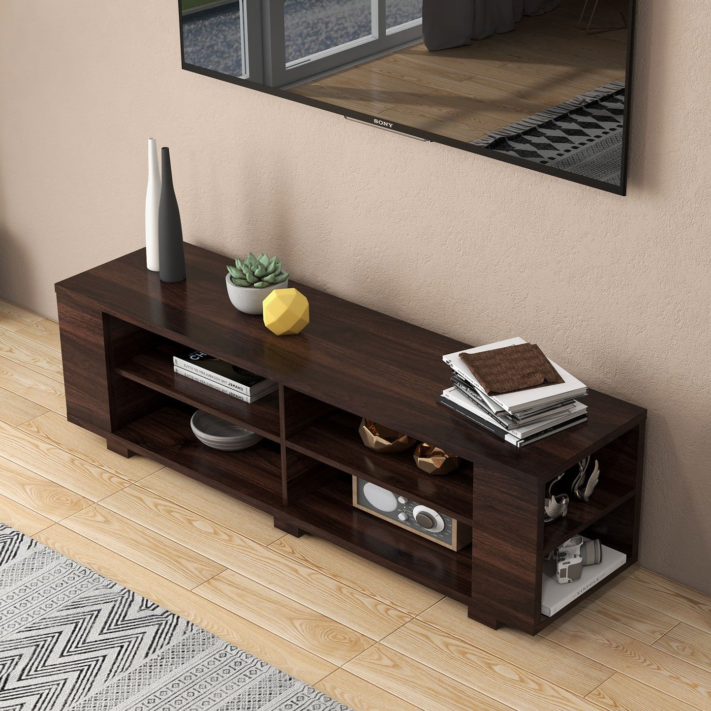 Modern 59 Inch Media Console with Adjustable Open Shelves for TVs up to 65 Inches in Walnut