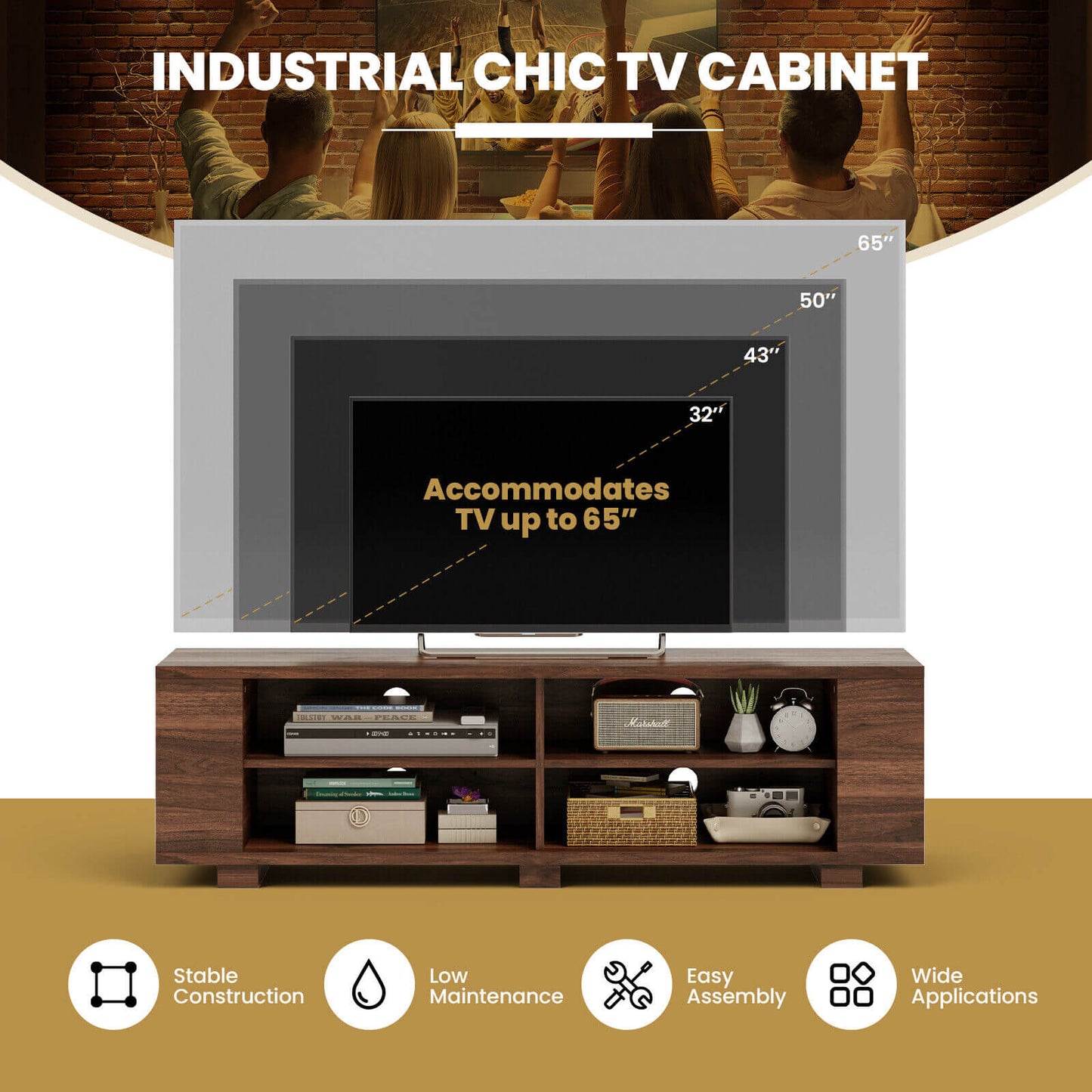 Modern 59 Inch Media Console with Adjustable Open Shelves for TVs up to 65 Inches in Walnut