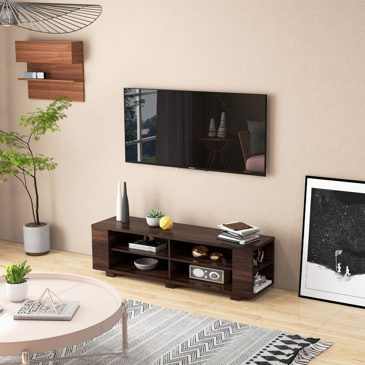 Modern 59 Inch Media Console with Adjustable Open Shelves for TVs up to 65 Inches in Walnut