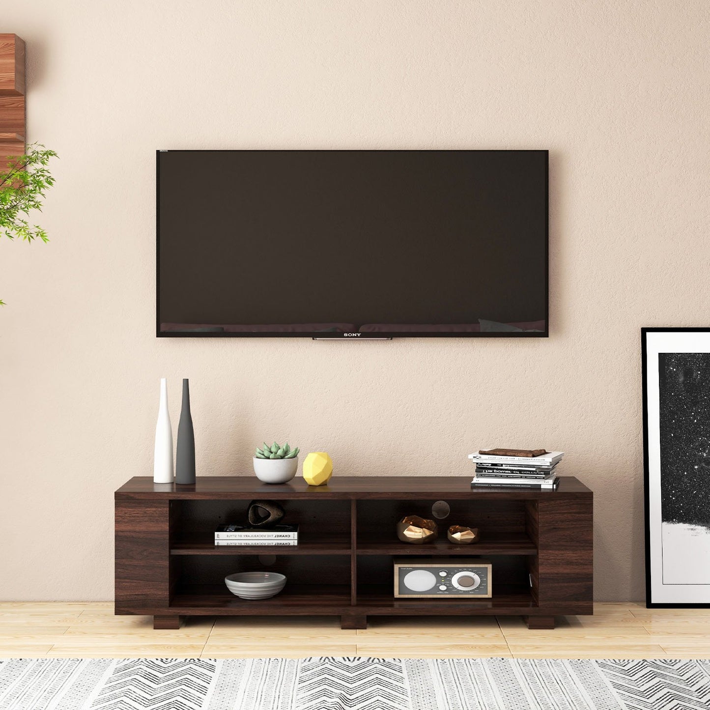 Modern 59 Inch Media Console with Adjustable Open Shelves for TVs up to 65 Inches in Walnut