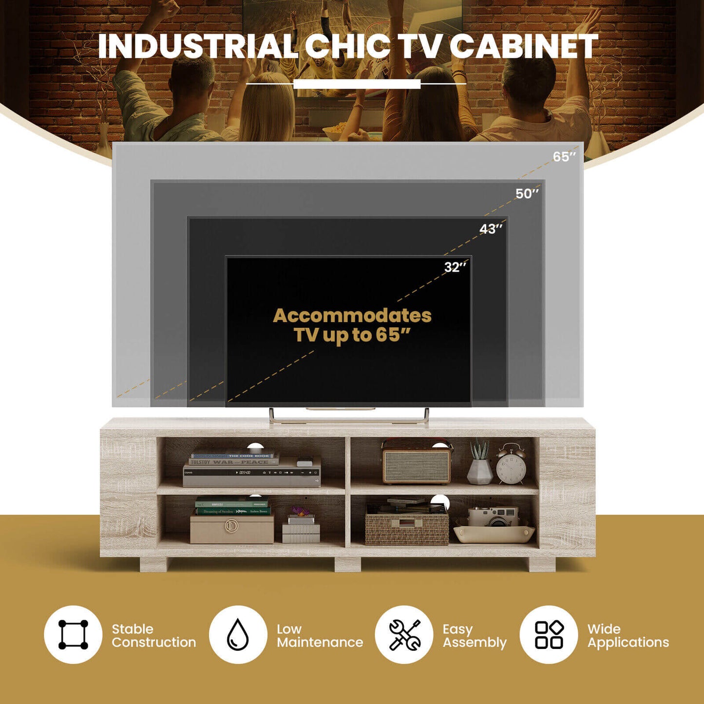 Modern 59 Inch Media Console with Adjustable Open Shelves for TVs up to 65 Inches in Light Brown