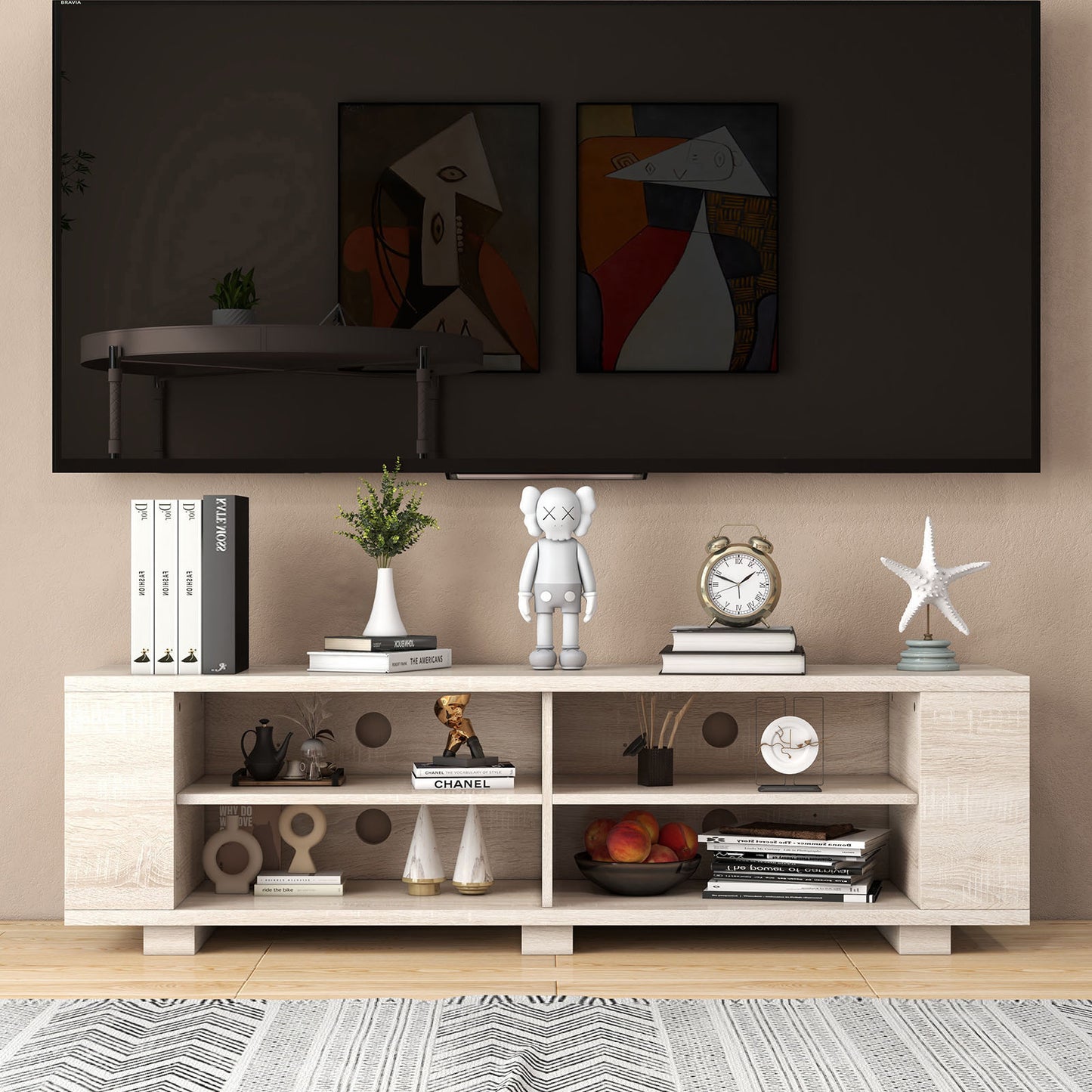 Modern 59 Inch Media Console with Adjustable Open Shelves for TVs up to 65 Inches in Light Brown