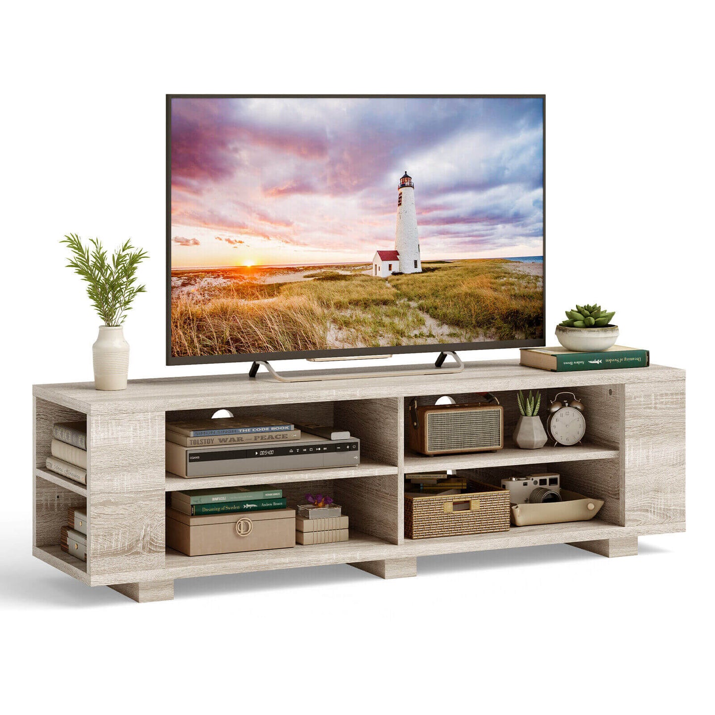 Modern 59 Inch Media Console with Adjustable Open Shelves for TVs up to 65 Inches in Light Brown