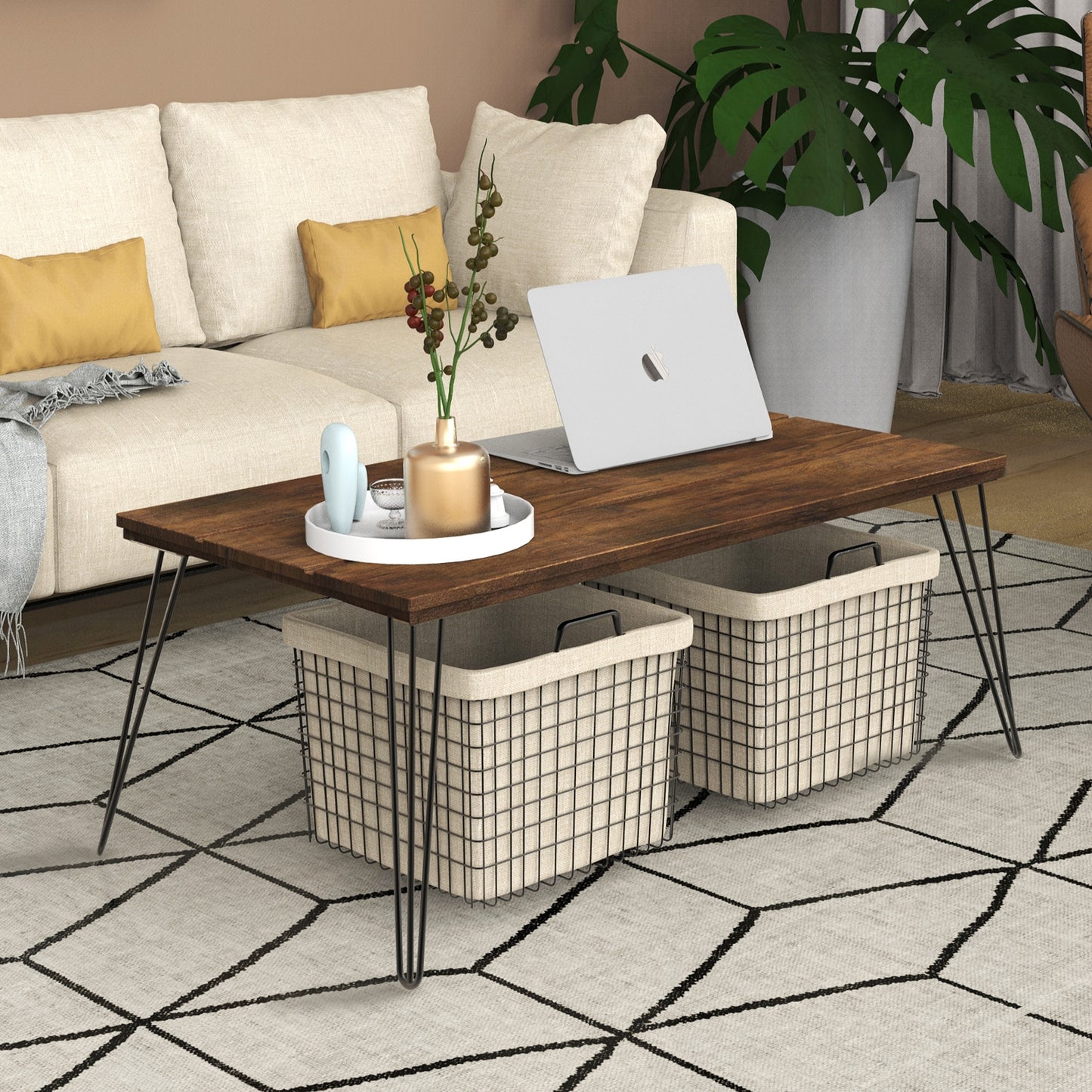 Modern Rectangular Wood Coffee Table with Metal Legs 43.5 Inch