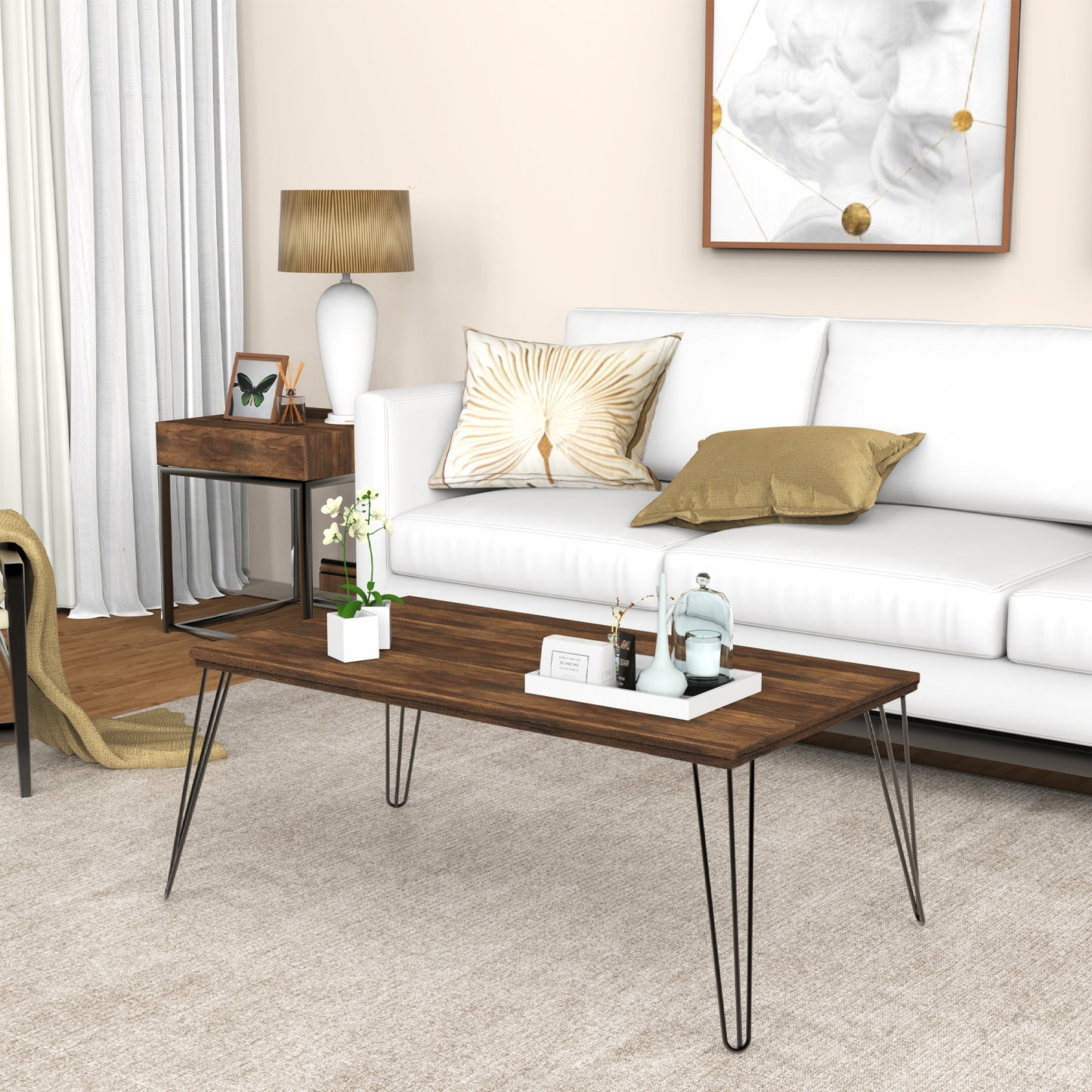 Modern Rectangular Wood Coffee Table with Metal Legs 43.5 Inch