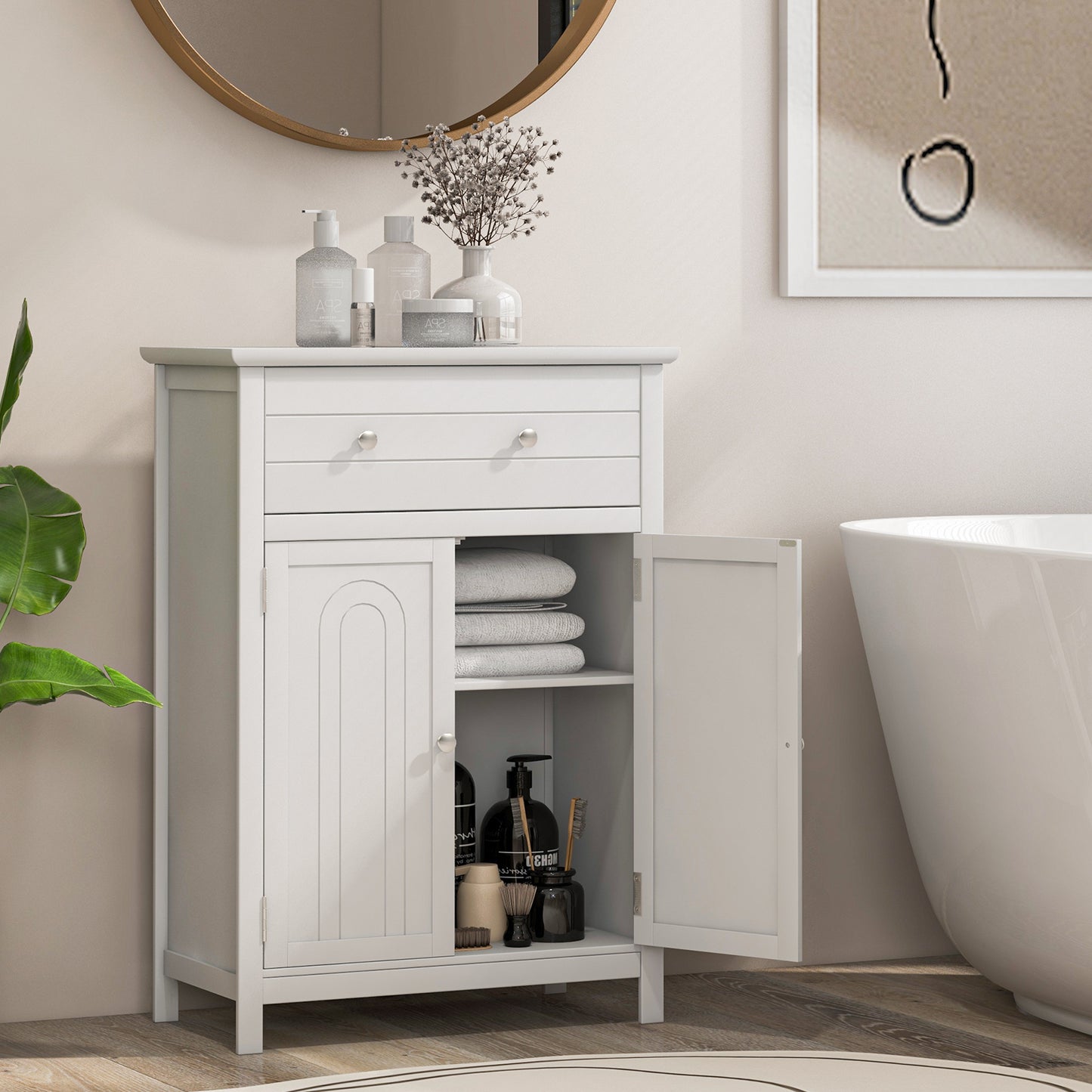 Modern 2 Door Storage Cabinet with Drawer & Adjustable Shelf
