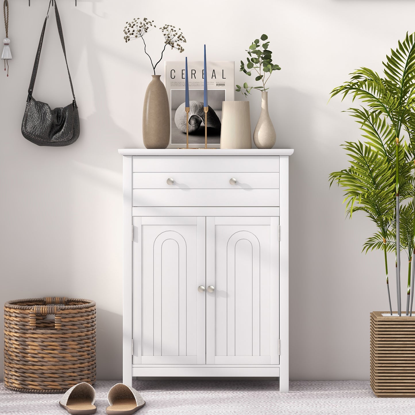 Modern 2 Door Storage Cabinet with Drawer & Adjustable Shelf