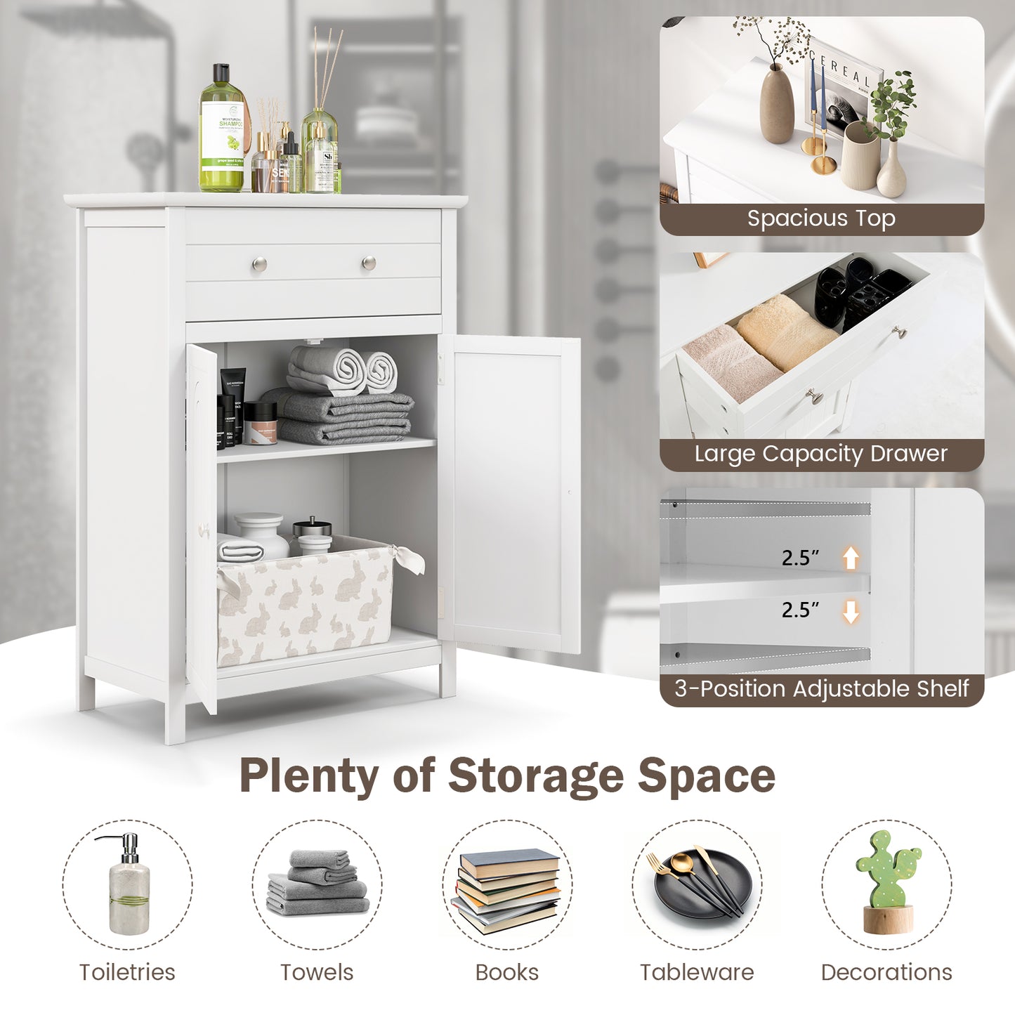 Modern 2 Door Storage Cabinet with Drawer & Adjustable Shelf