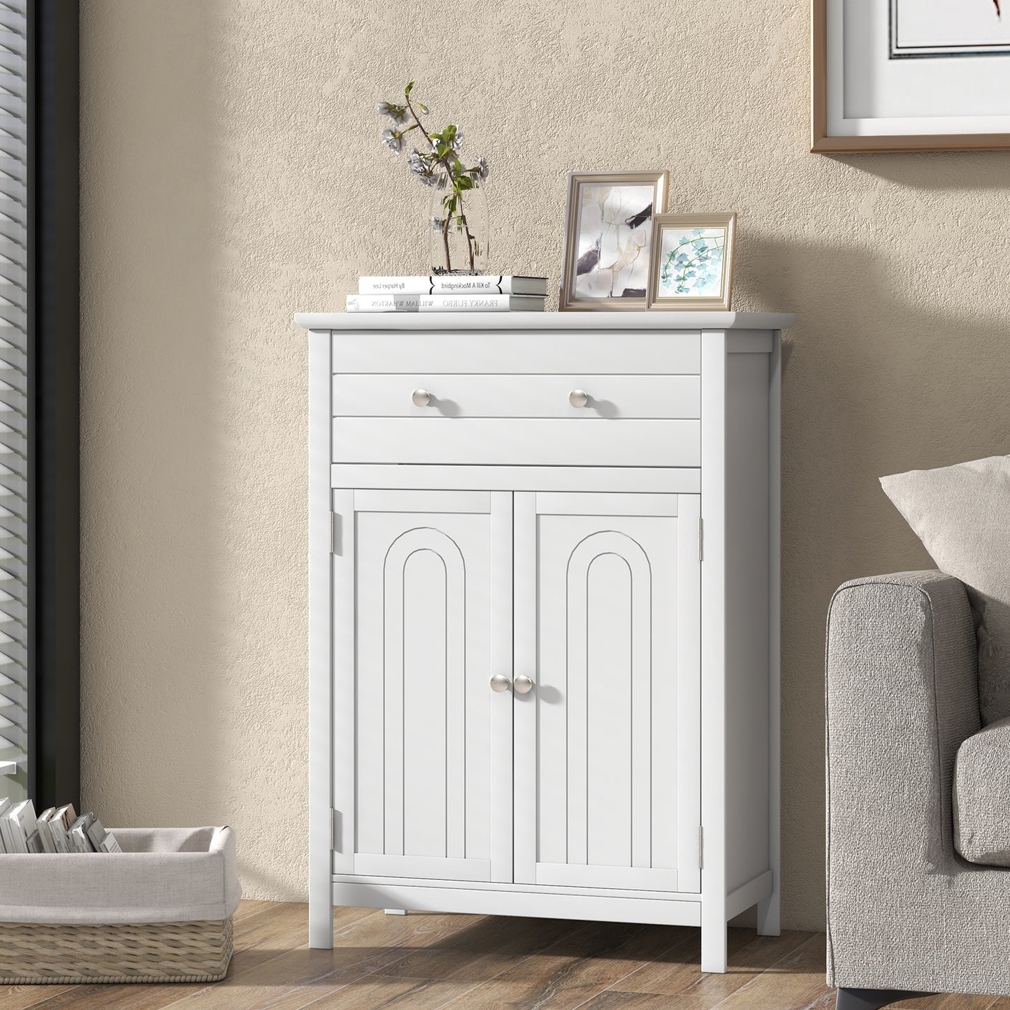 Modern 2 Door Storage Cabinet with Drawer & Adjustable Shelf