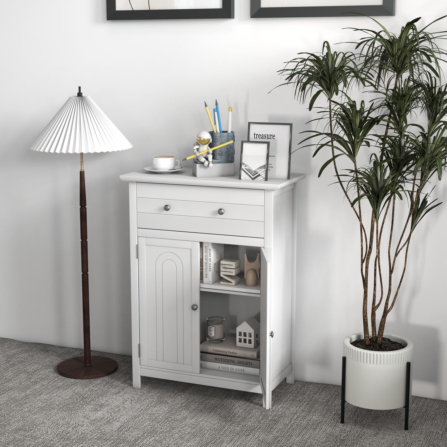 Modern 2 Door Storage Cabinet with Drawer & Adjustable Shelf
