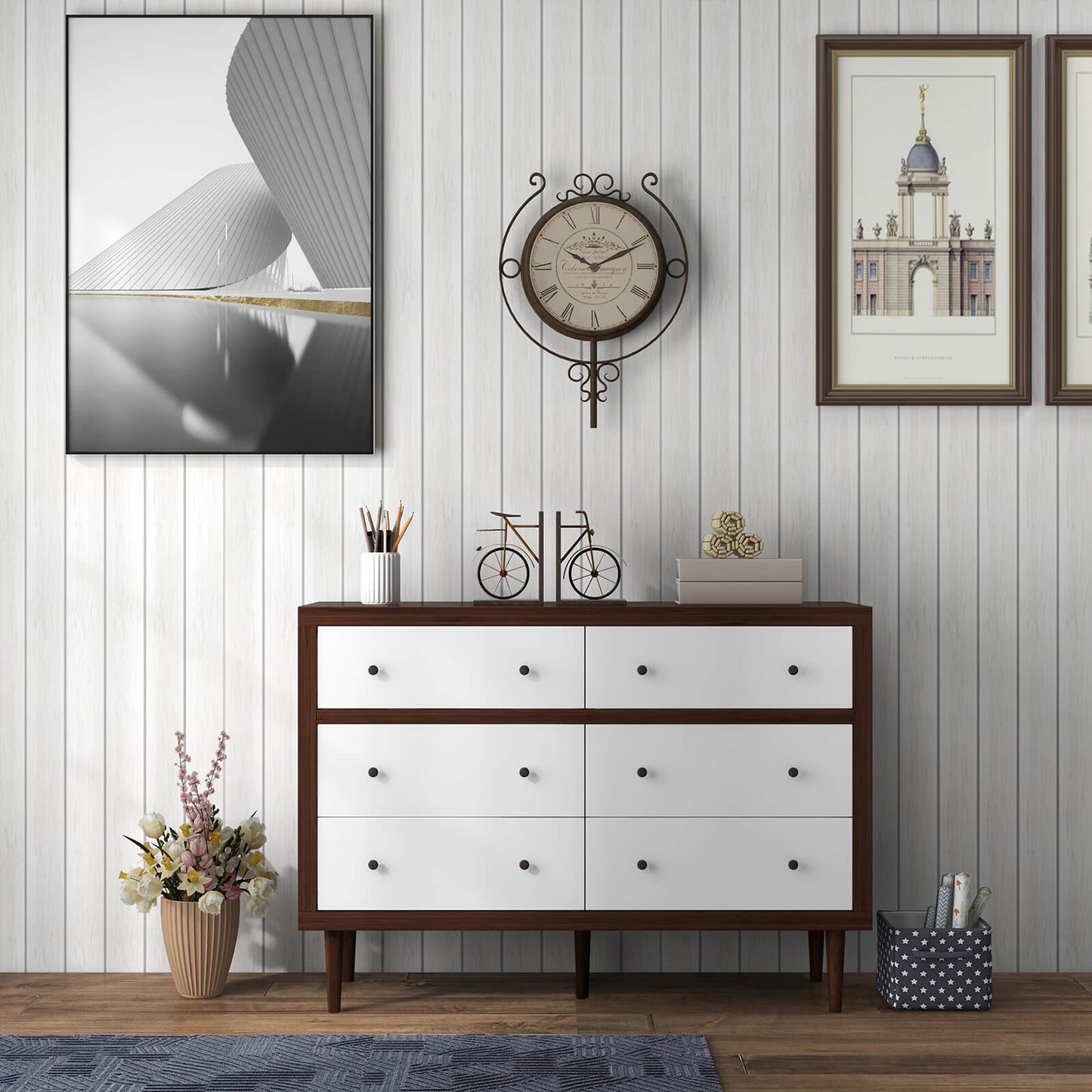 Mid-Century 6-Drawer Wood Dresser with Walnut Finish and White Fronts, Freestanding Storage Cabinet