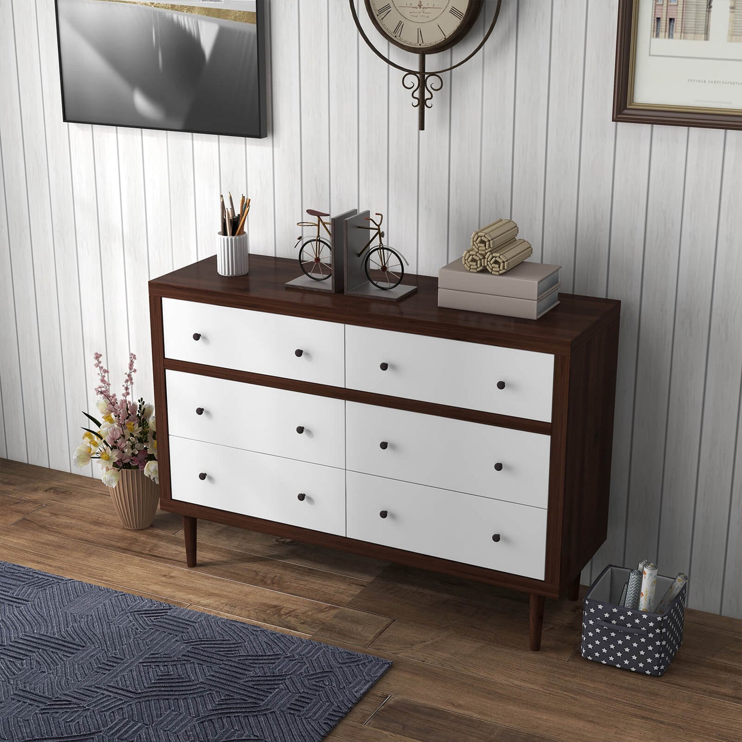 Mid-Century 6-Drawer Wood Dresser with Walnut Finish and White Fronts, Freestanding Storage Cabinet