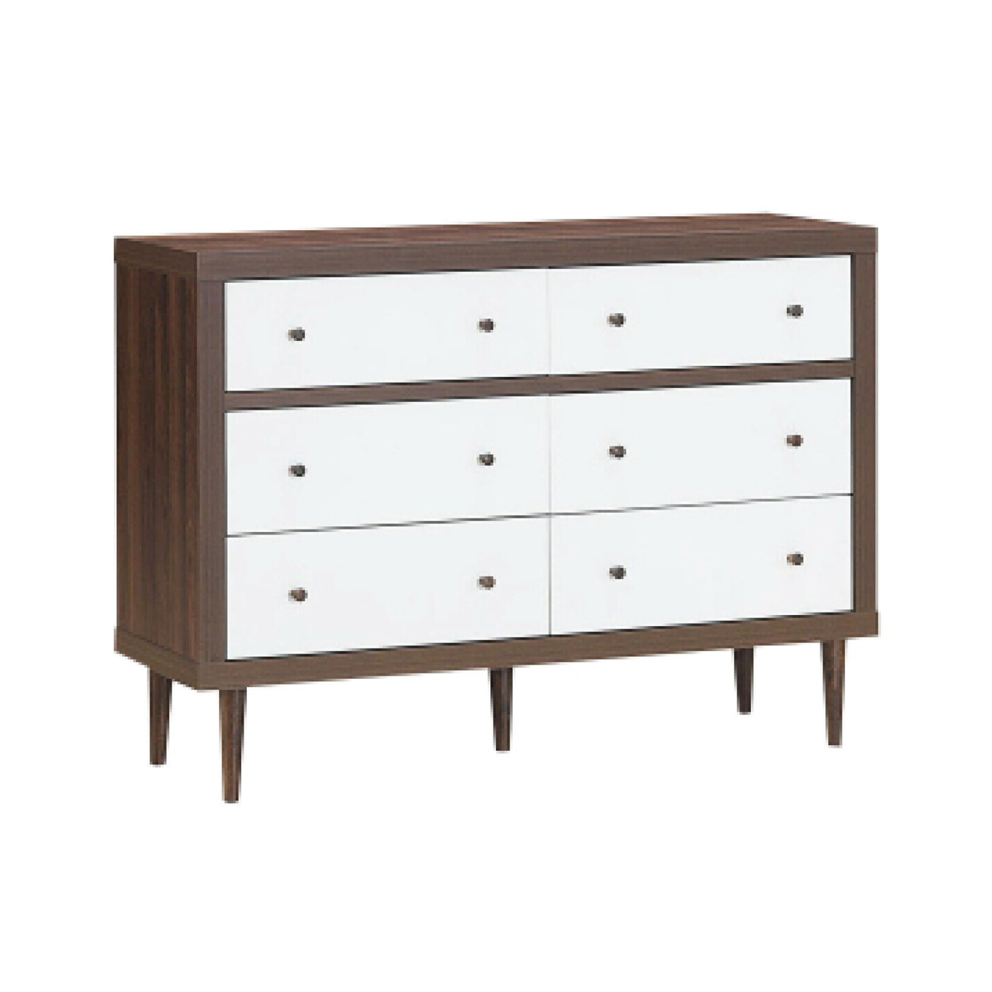 Mid-Century 6-Drawer Wood Dresser with Walnut Finish and White Fronts, Freestanding Storage Cabinet