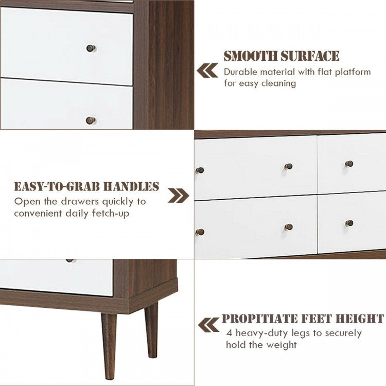 Mid-Century 6-Drawer Wood Dresser with Walnut Finish and White Fronts, Freestanding Storage Cabinet