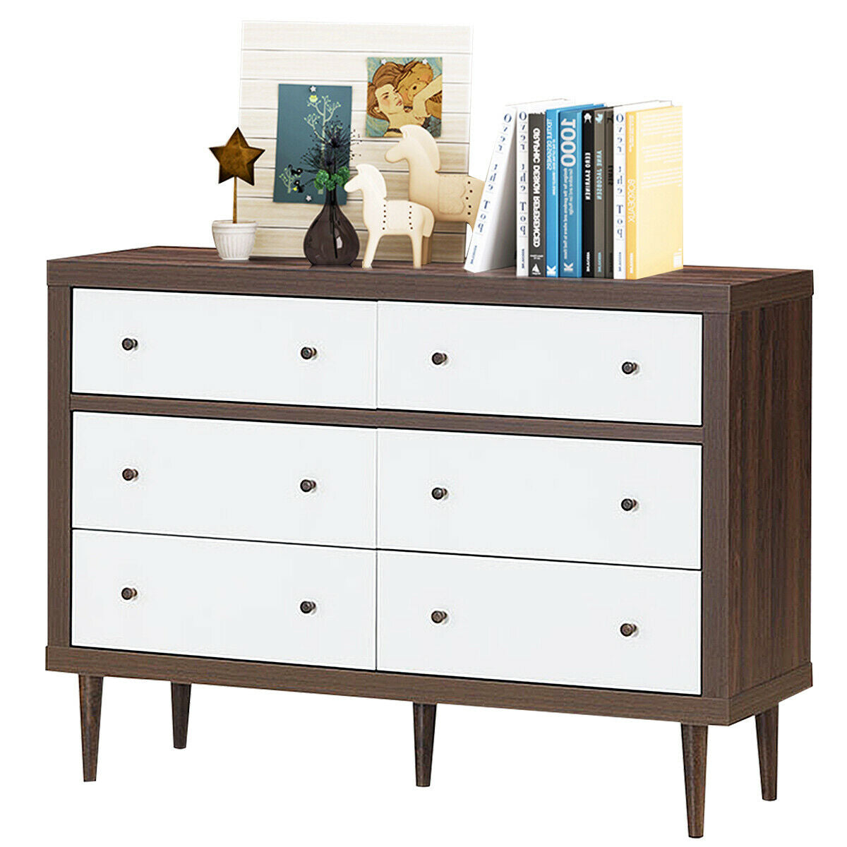 Mid-Century 6-Drawer Wood Dresser with Walnut Finish and White Fronts, Freestanding Storage Cabinet