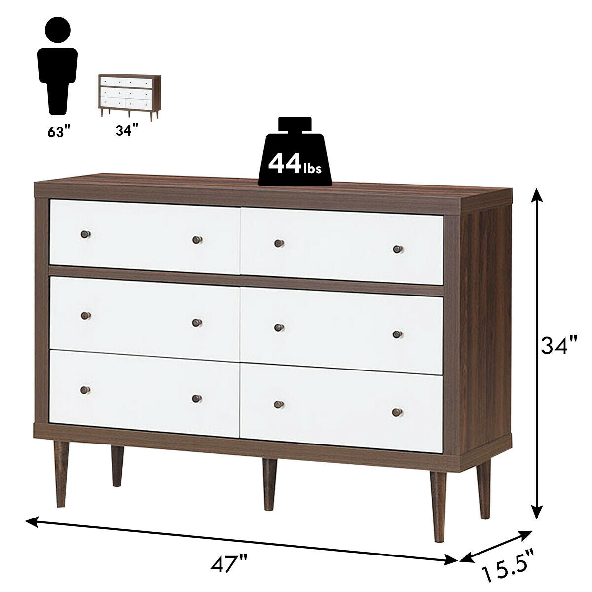 Mid-Century 6-Drawer Wood Dresser with Walnut Finish and White Fronts, Freestanding Storage Cabinet
