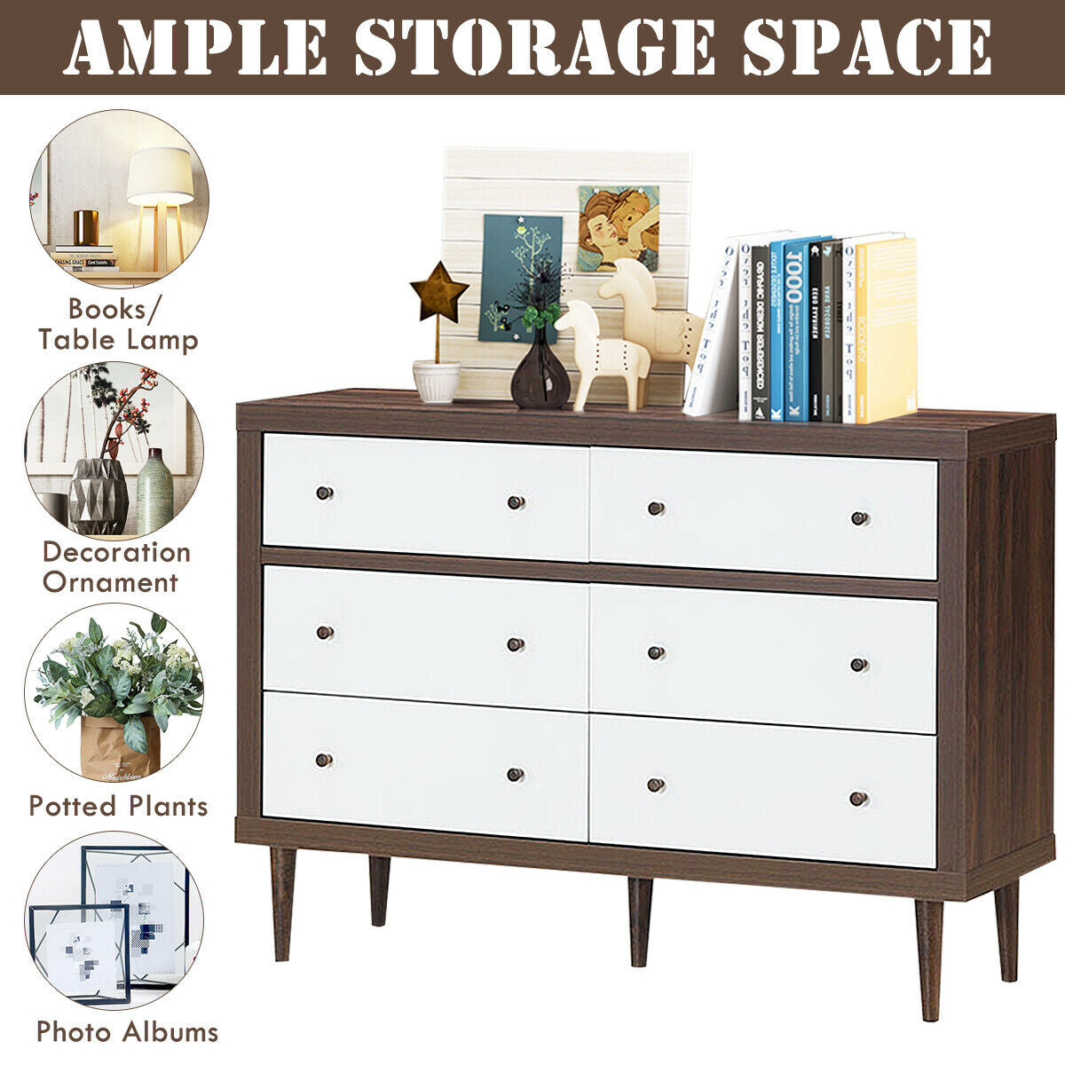 Mid-Century 6-Drawer Wood Dresser with Walnut Finish and White Fronts, Freestanding Storage Cabinet