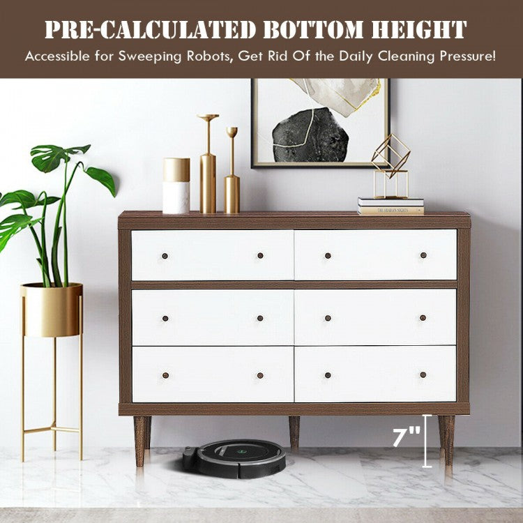 Mid-Century 6-Drawer Wood Dresser with Walnut Finish and White Fronts, Freestanding Storage Cabinet