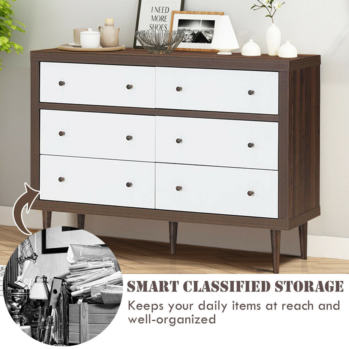 Mid-Century 6-Drawer Wood Dresser with Walnut Finish and White Fronts, Freestanding Storage Cabinet