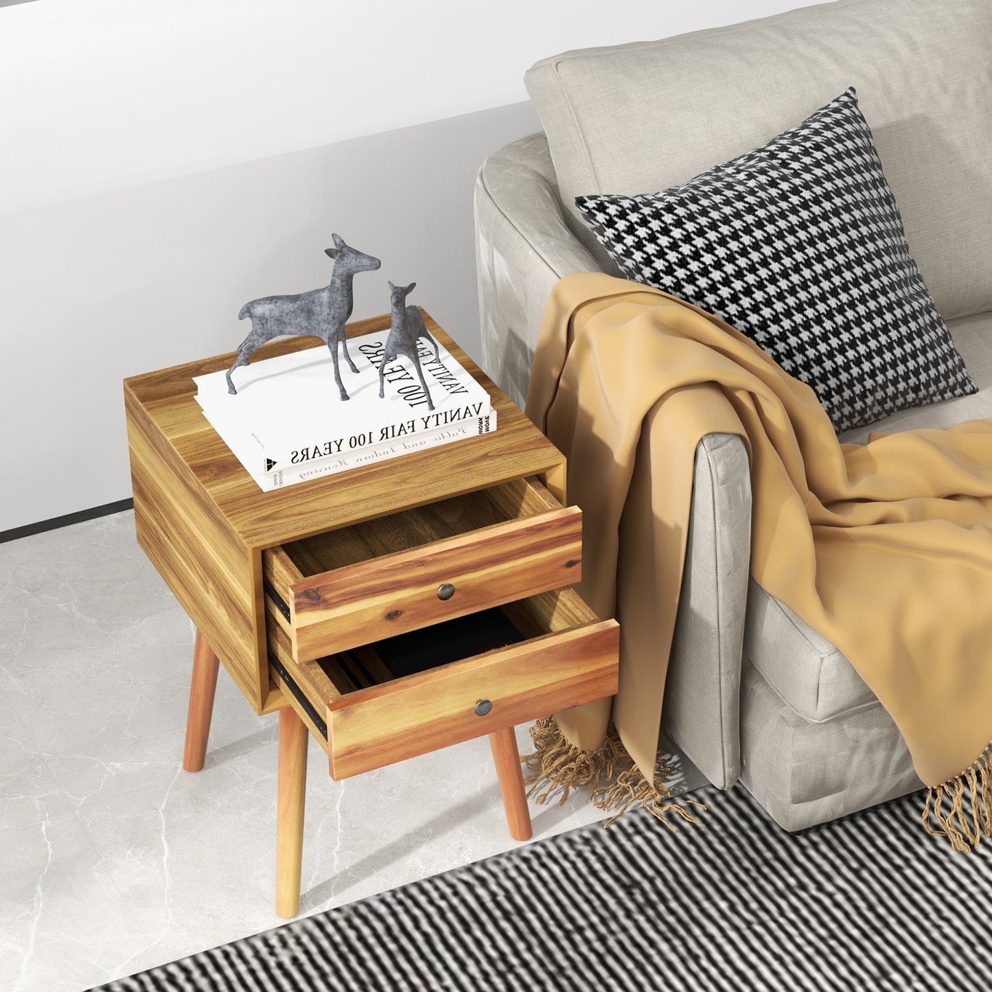 Mid Century Wooden Nightstand with Two Drawers - Natural