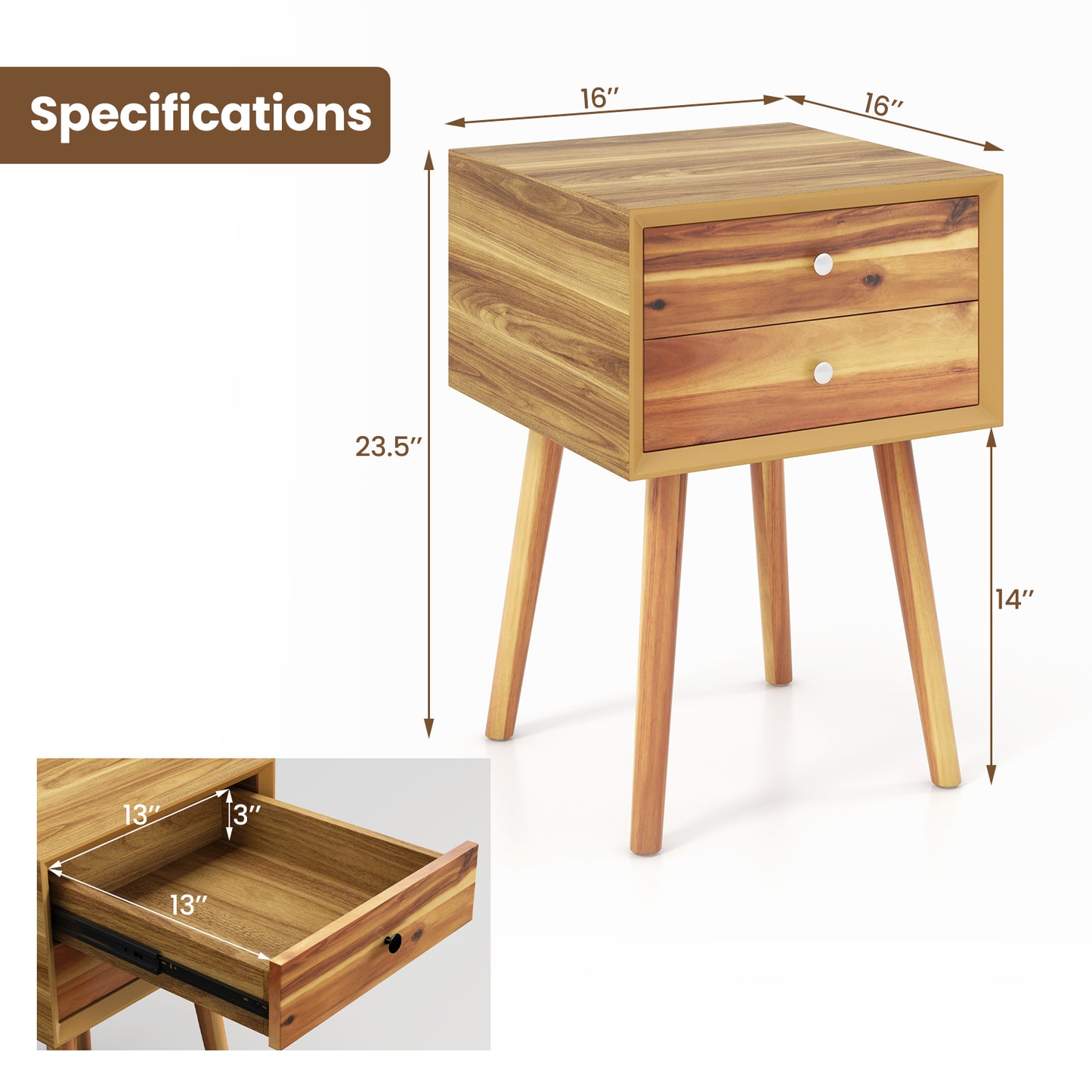 Mid Century Wooden Nightstand with Two Drawers - Natural
