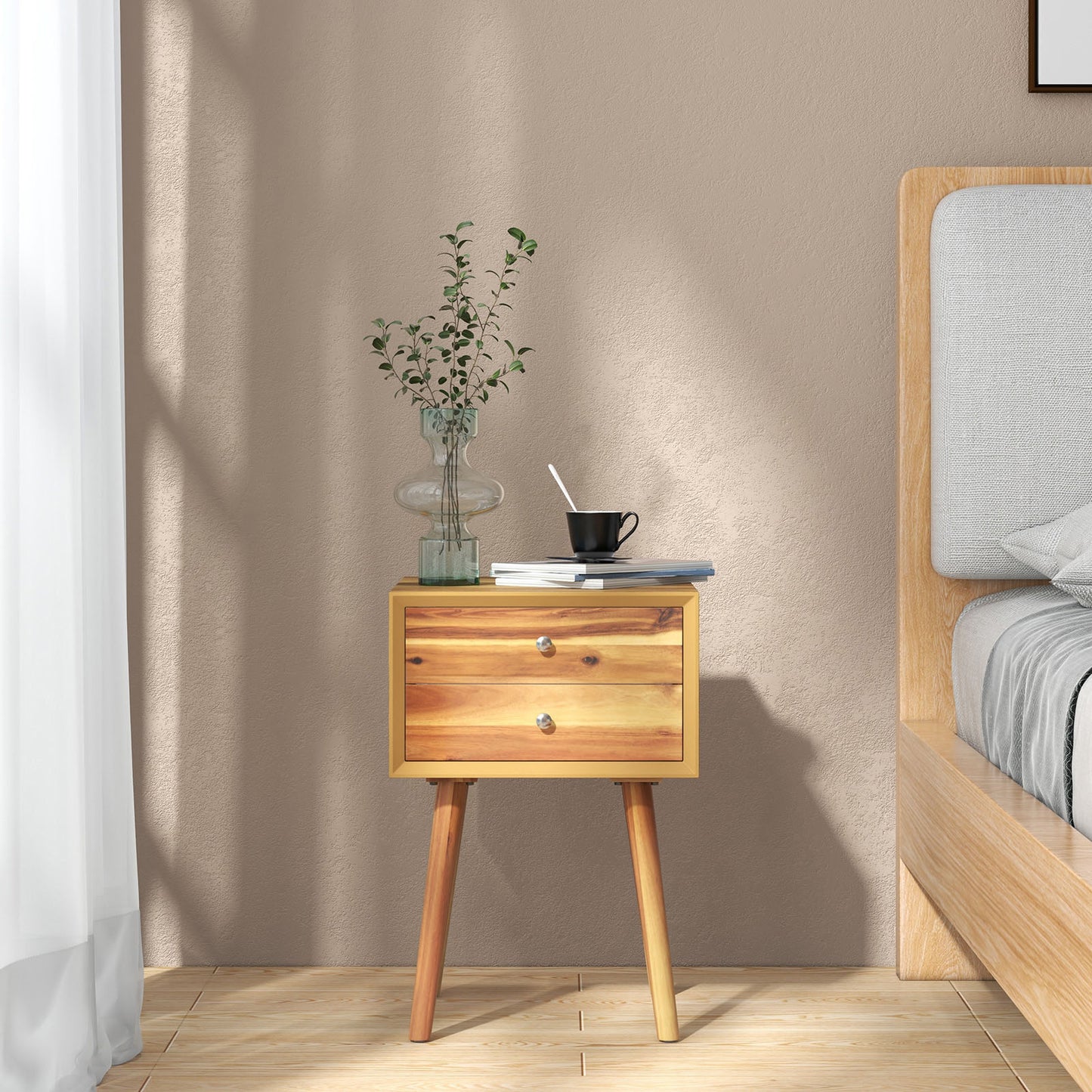 Mid Century Wooden Nightstand with Two Drawers - Natural