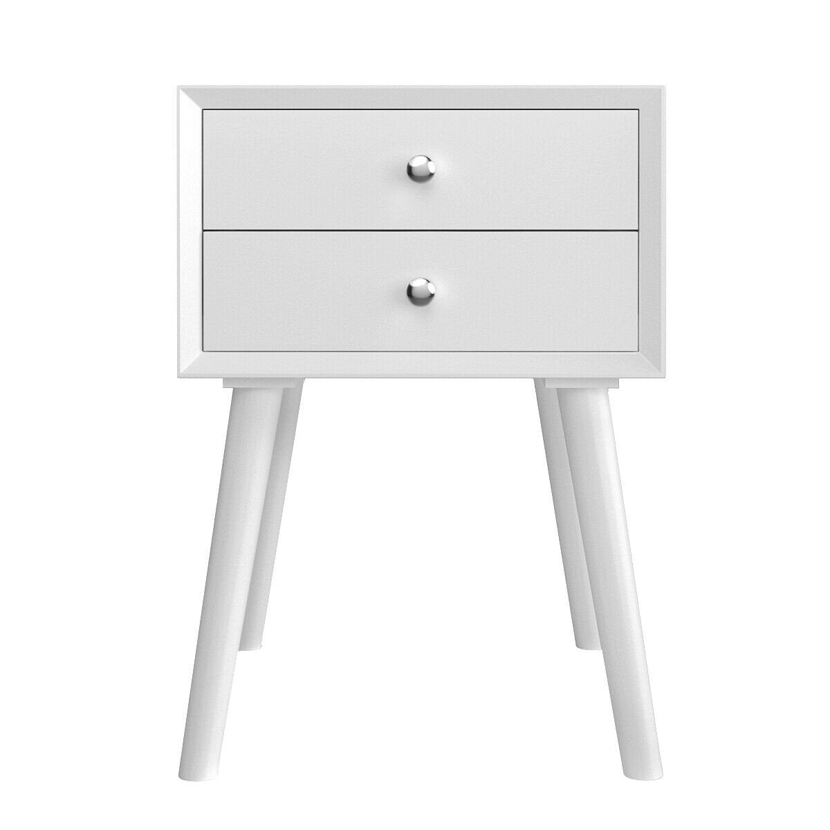 Mid Century Wooden Nightstand with Two Drawers - White